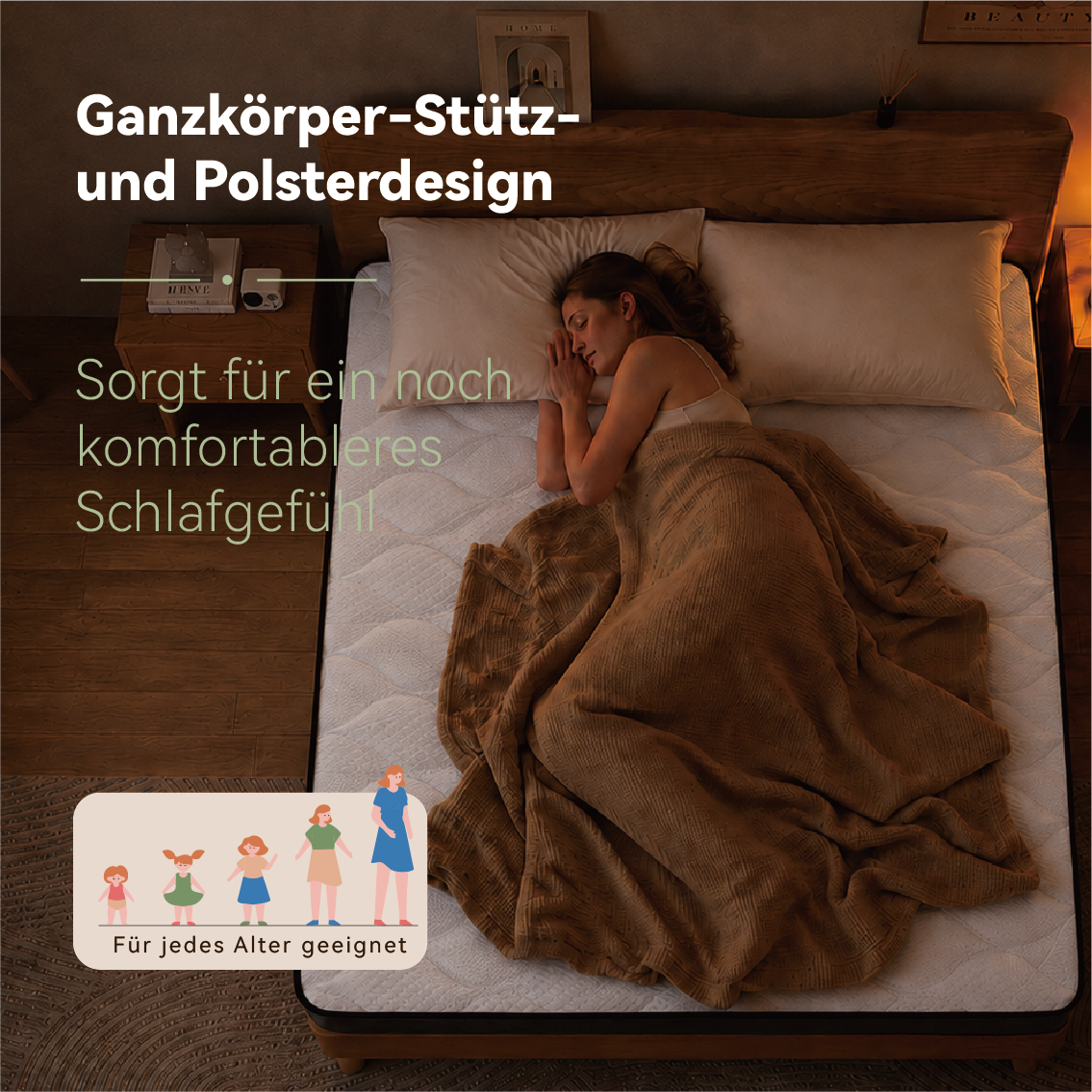 Frau schläft auf einem Bett mit brauner Decke, Ganzkörperstütz- und Polsterdesign.