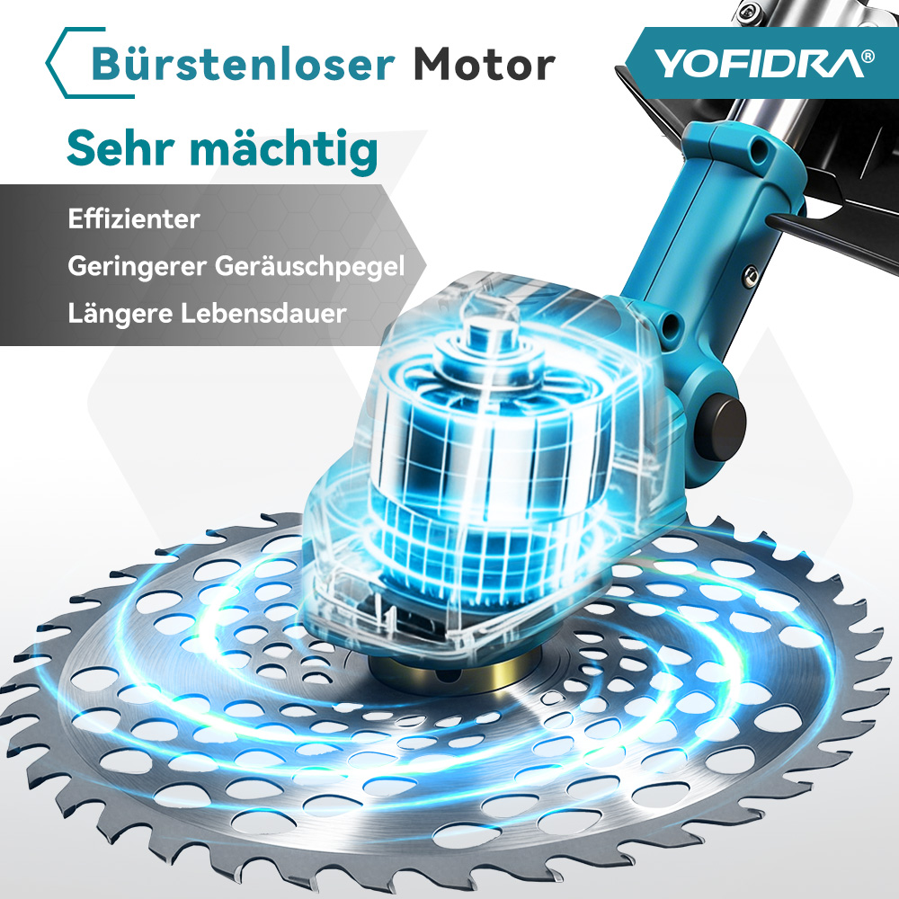 Nahaufnahme eines bürstenlosen Motors mit Zahnblatt und blauen Lichteffekten.