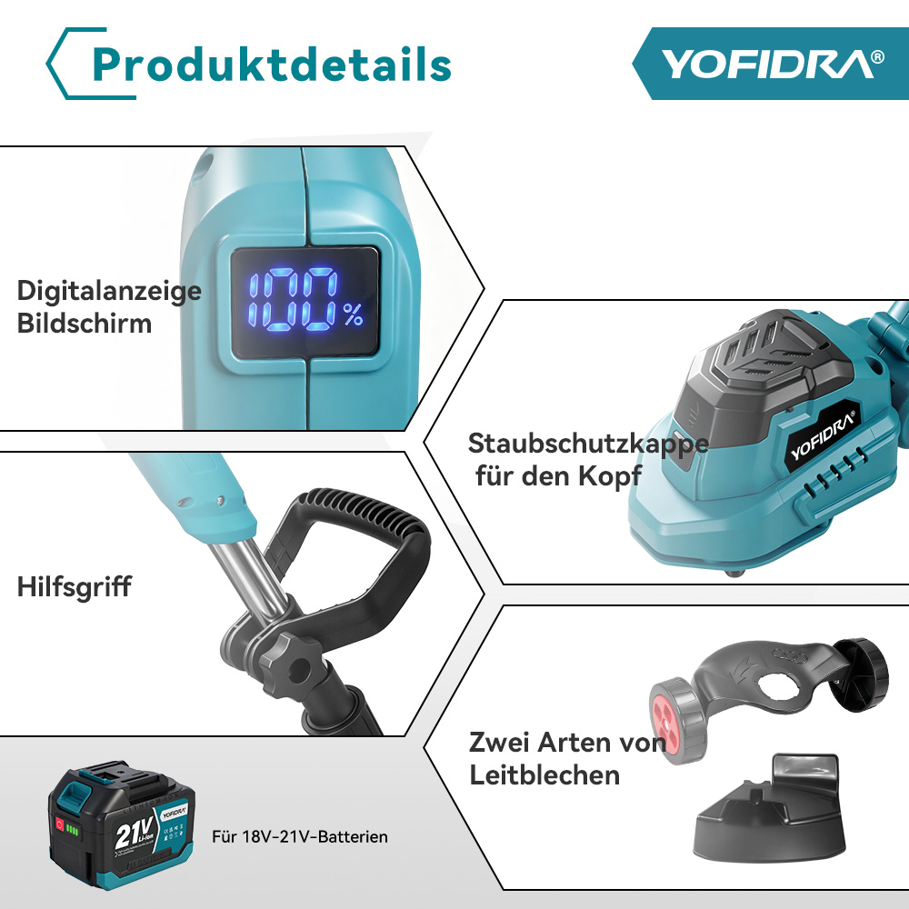 Produktübersicht mit Details: Digitalanzeige, Hilfsgriff, Staubschutzkappe und Batterien.
