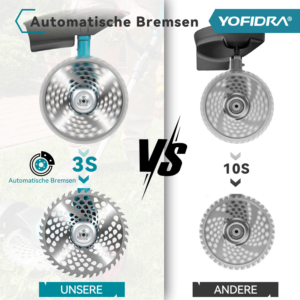 Vergleich von Freischneiderköpfen: Unsere automatische Bremse stoppt in 3s, andere in 10s.
