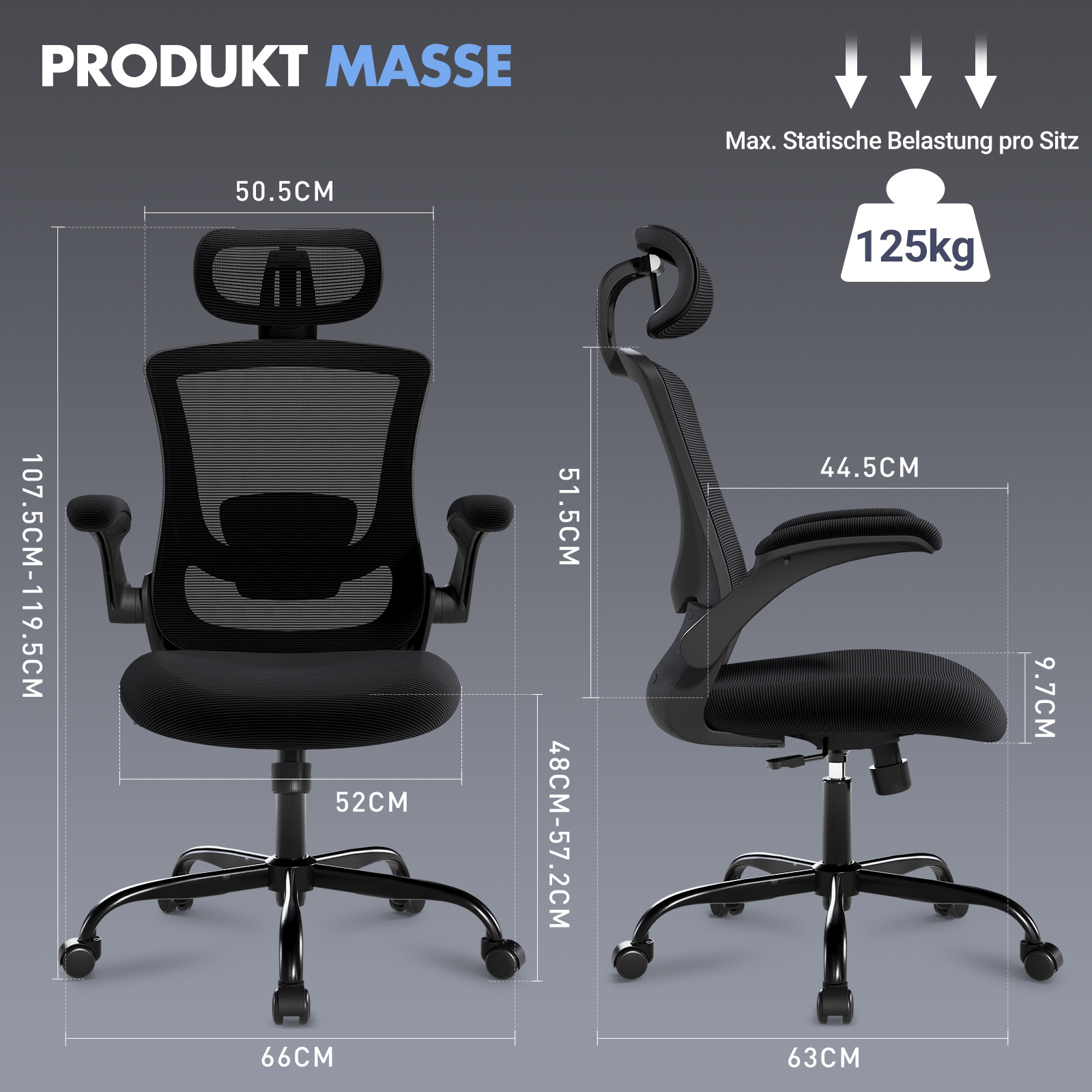 Schwarzer Bürostuhl mit Maßen, max. 125kg Belastung.
