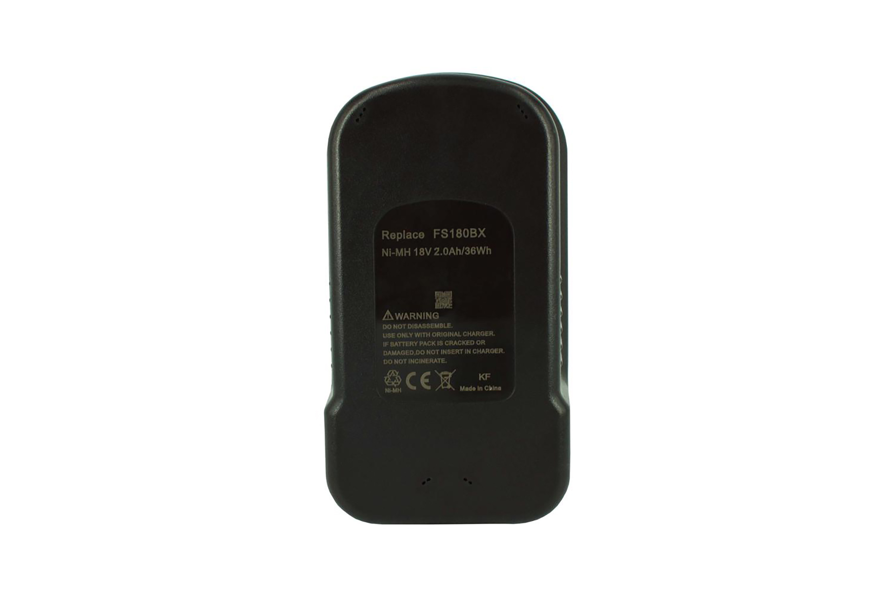Schwarzer Akku mit Beschriftung: FS180BX, Ni-MH 18V 2.0Ah/36Wh, Warnung, CE, KF
