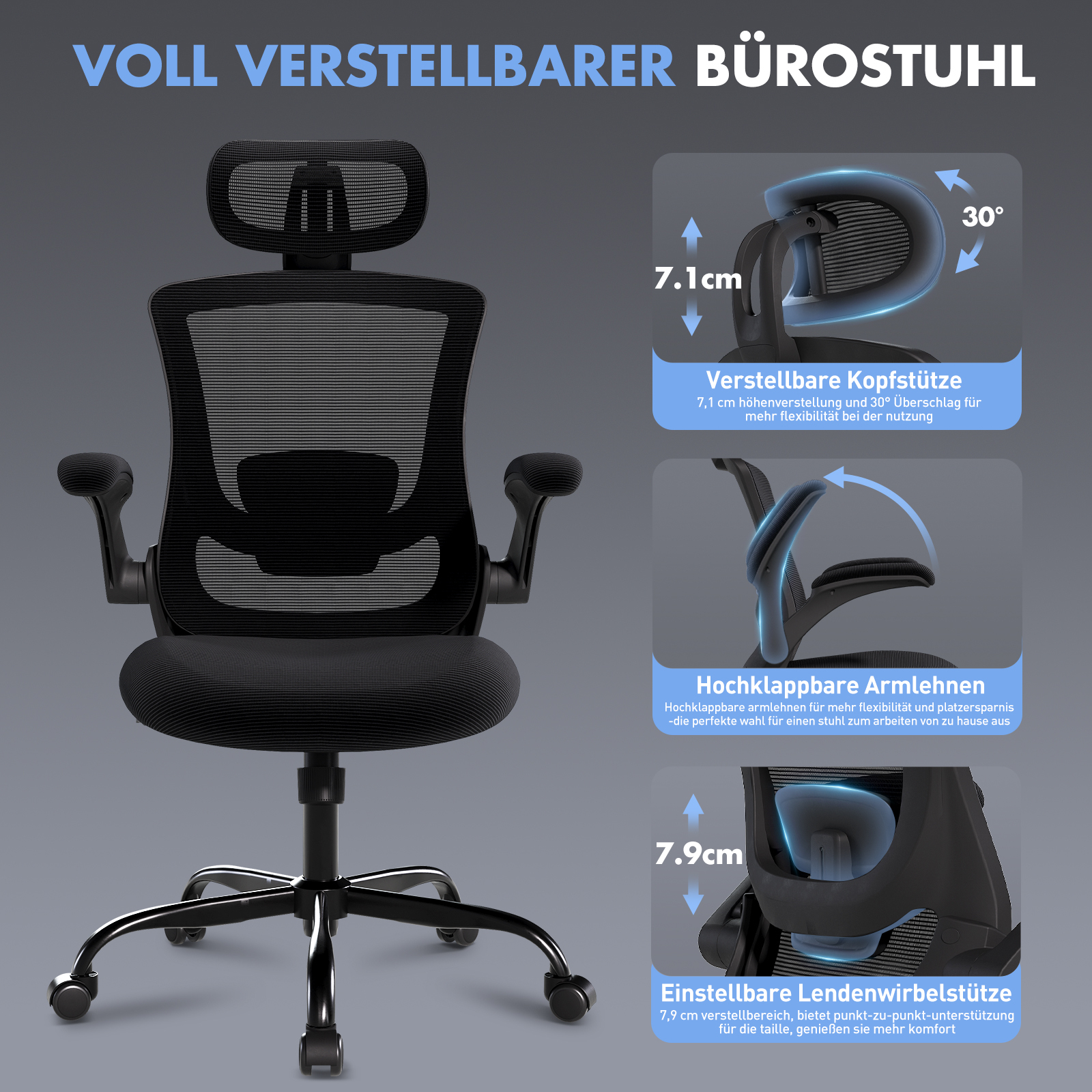 Ein verstellbarer schwarzer Bürostuhl mit Netzrücken und Kissen. Details zeigen Kopfstütze, Armlehnen, Lendenwirbelstütze.