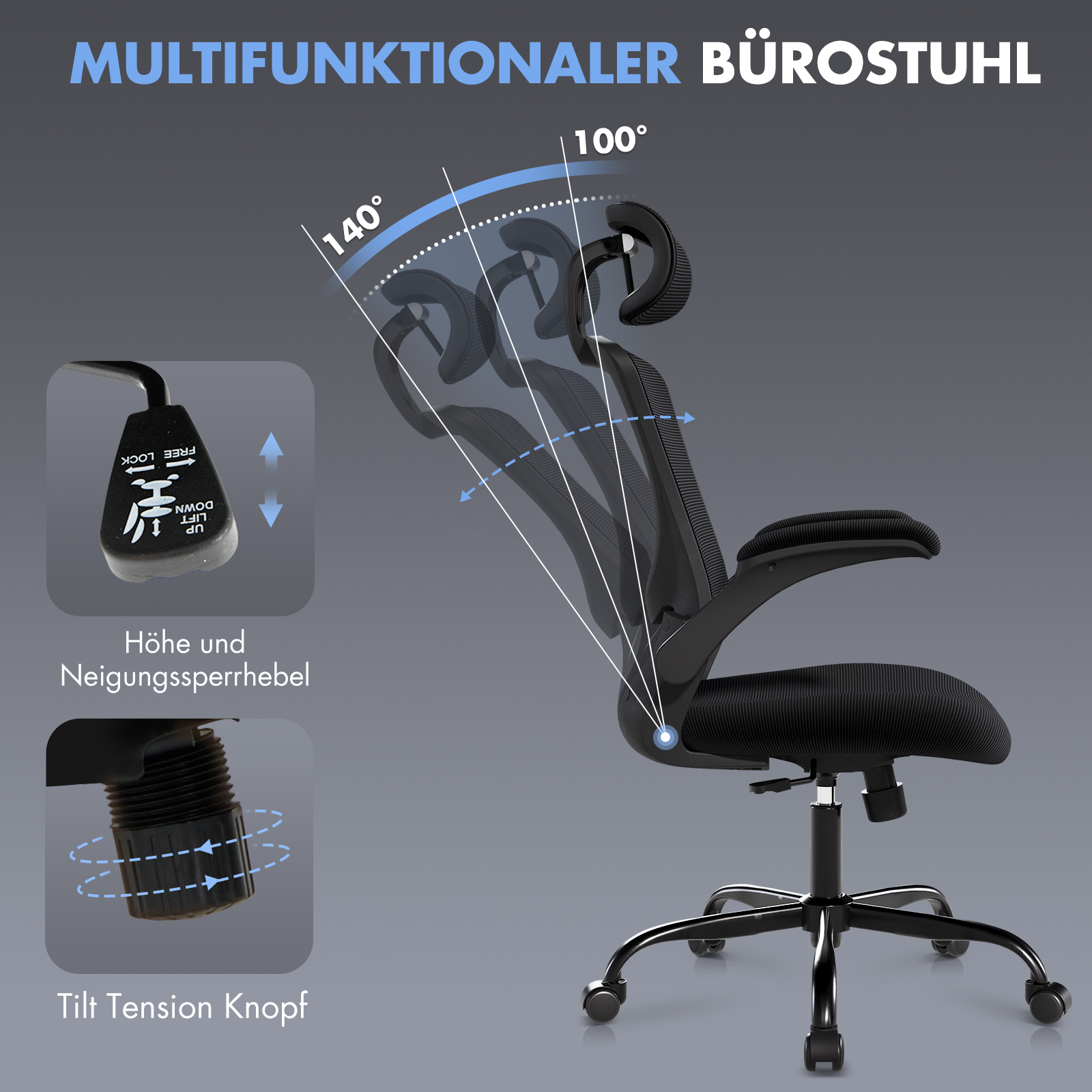 Schwarzer Bürostuhl mit verstellbarer Rückenlehne und Hebeln für Höhe und Neigung.