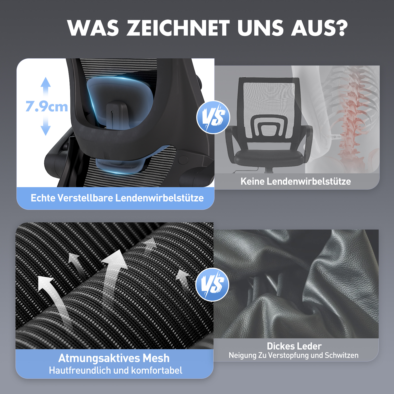 Vergleich von Bürostuhl-Merkmalen: verstellbare Lendenwirbelstütze und atmungsaktives Mesh.