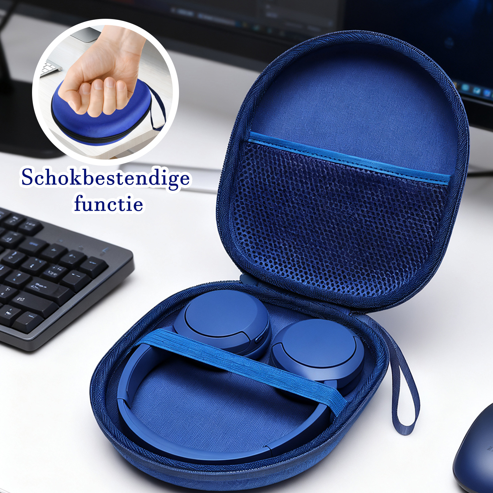 Eine blaue Kopfhörertasche mit Kopfhörern und einer Tastatur im Hintergrund.