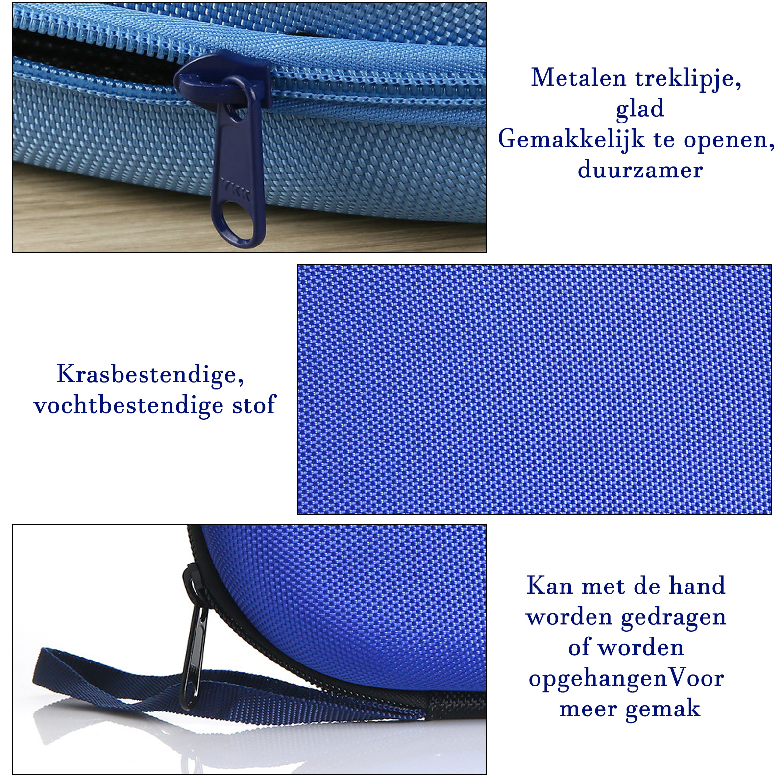 Blaues Etui mit Reißverschluss, strapazierfähiges Material, Henkel.
