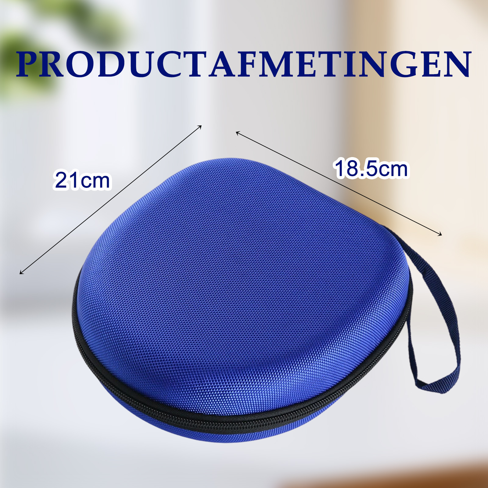 Blauer Reißverschlusskoffer mit Maßen 21 cm und 18,5 cm.