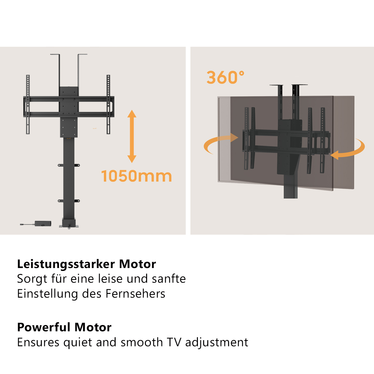 TV-Halterung mit 1050mm Hub und 360 Grad Drehung für leise Anpassung.