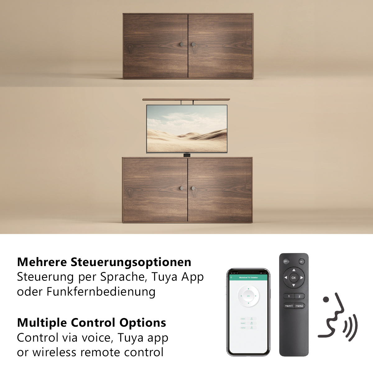 Holzschrank mit ausfahrbarem TV, Fernbedienung, App und Sprachsteuerung.