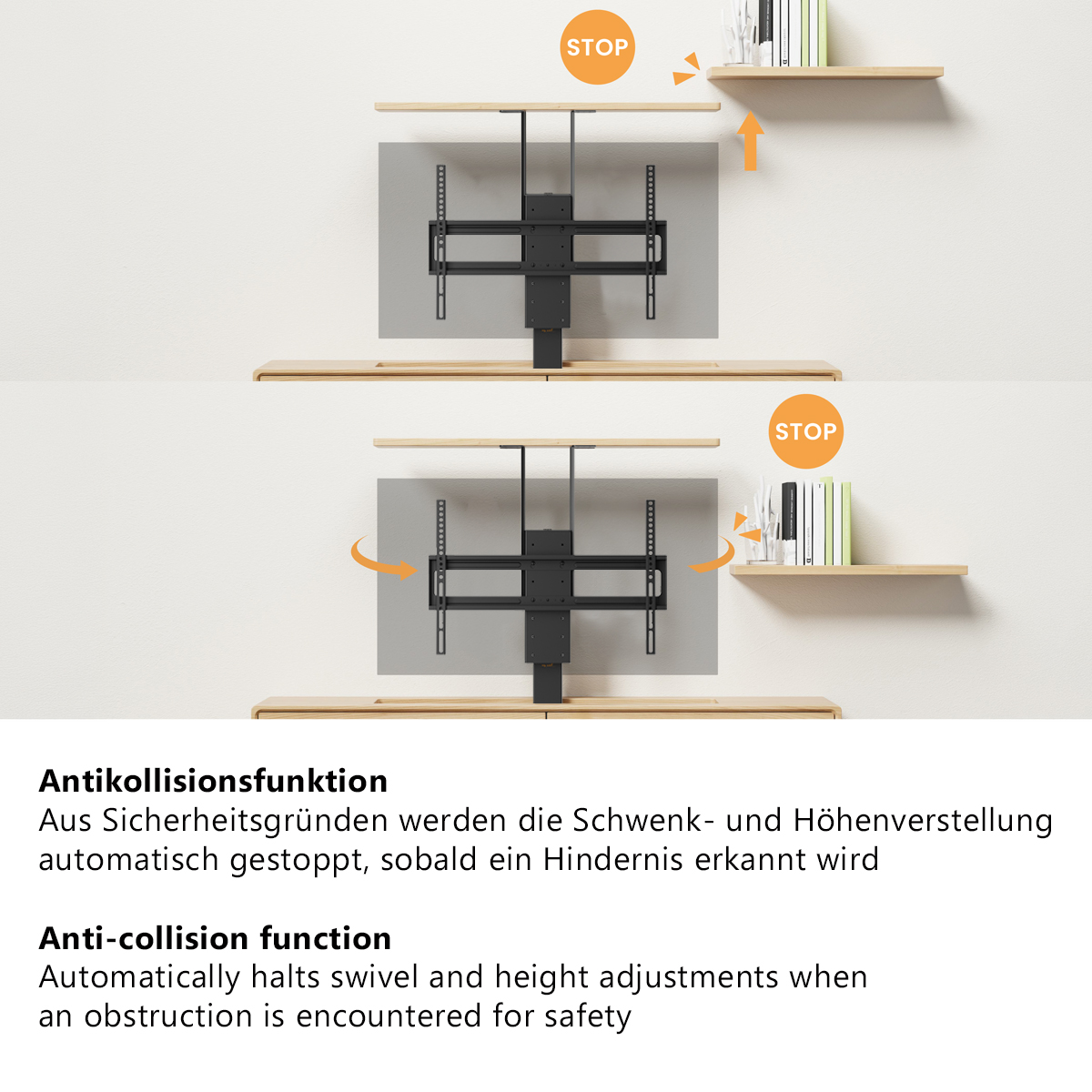 Ein ausfahrbarer TV-Halter stoppt bei Hindernissen, wie auf den Bildern gezeigt.