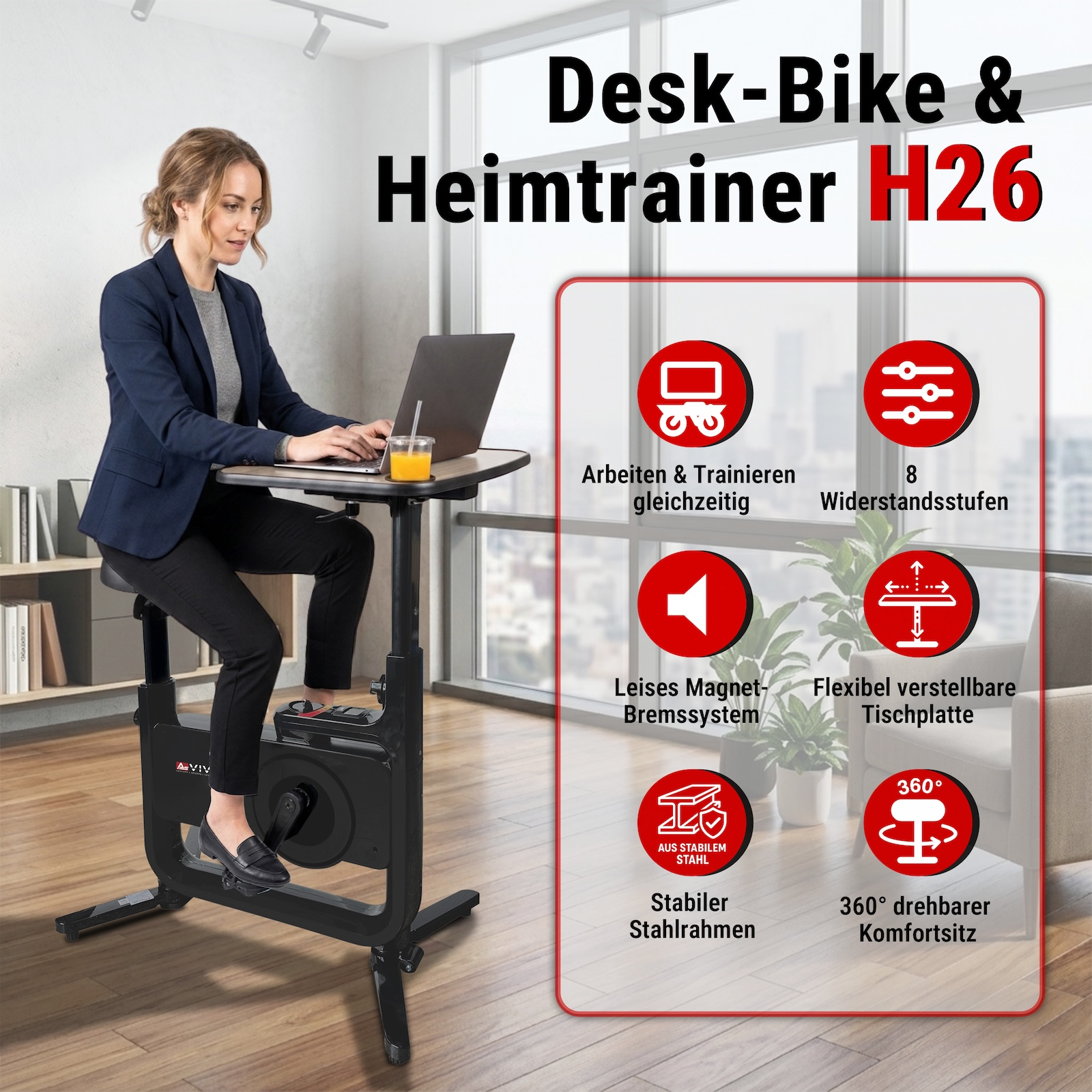 Frau trainiert auf einem Heimtrainer mit Schreibtisch, Laptop und Getränk.
