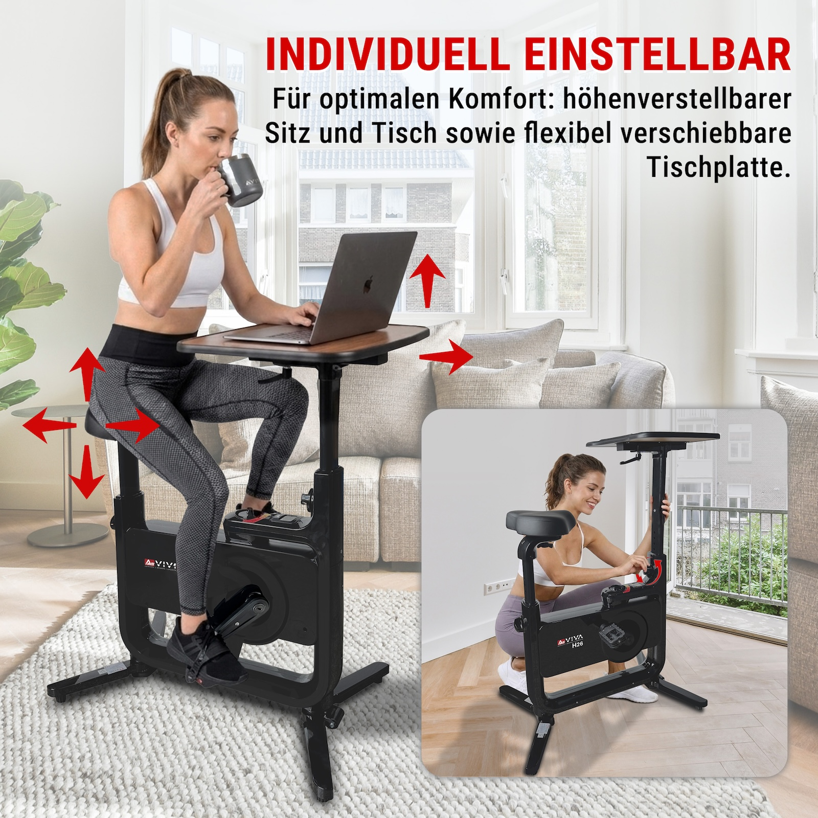 Frau auf Heimtrainer mit Laptop und Tasse, verstellbarer Tisch und Sitz.