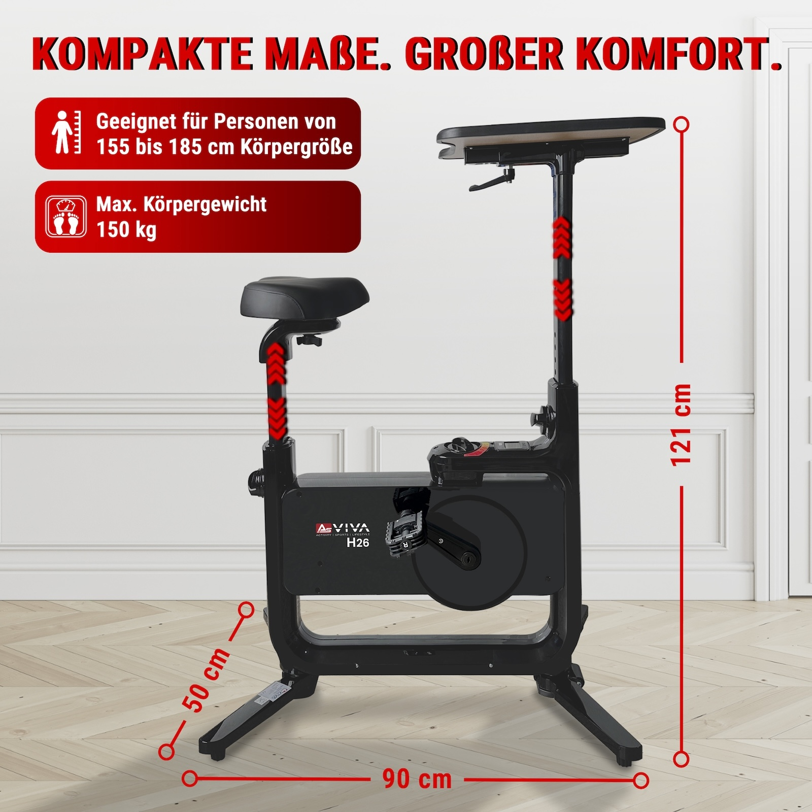 Ein schwarzes Heimtrainerfahrrad mit Sitz, Tisch und Maßangaben: 90 cm breit, 50 cm tief, 121 cm hoch.
