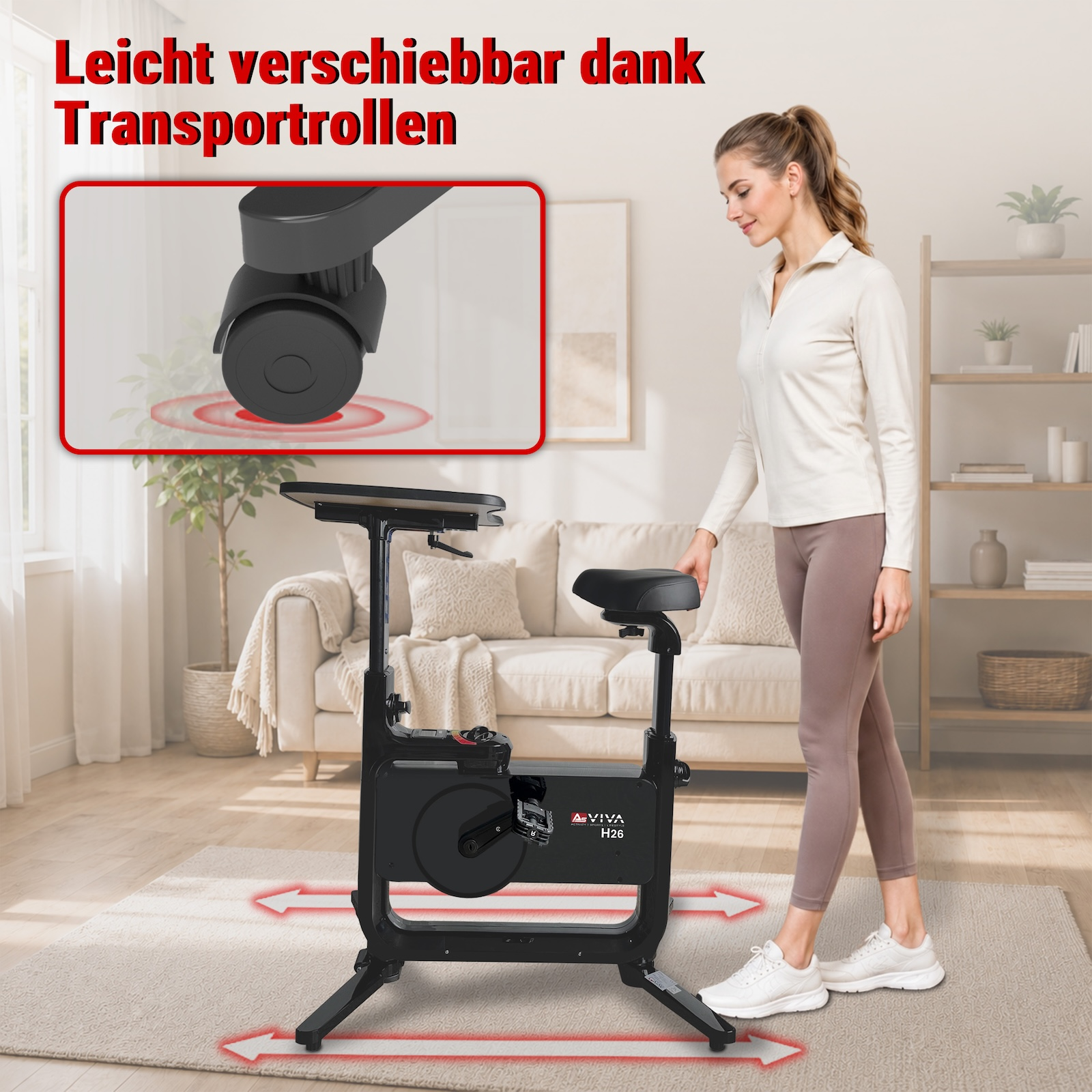 Ein Mann schiebt ein schwarzes Fahrrad auf Rollen. Nahaufnahme des Rades.