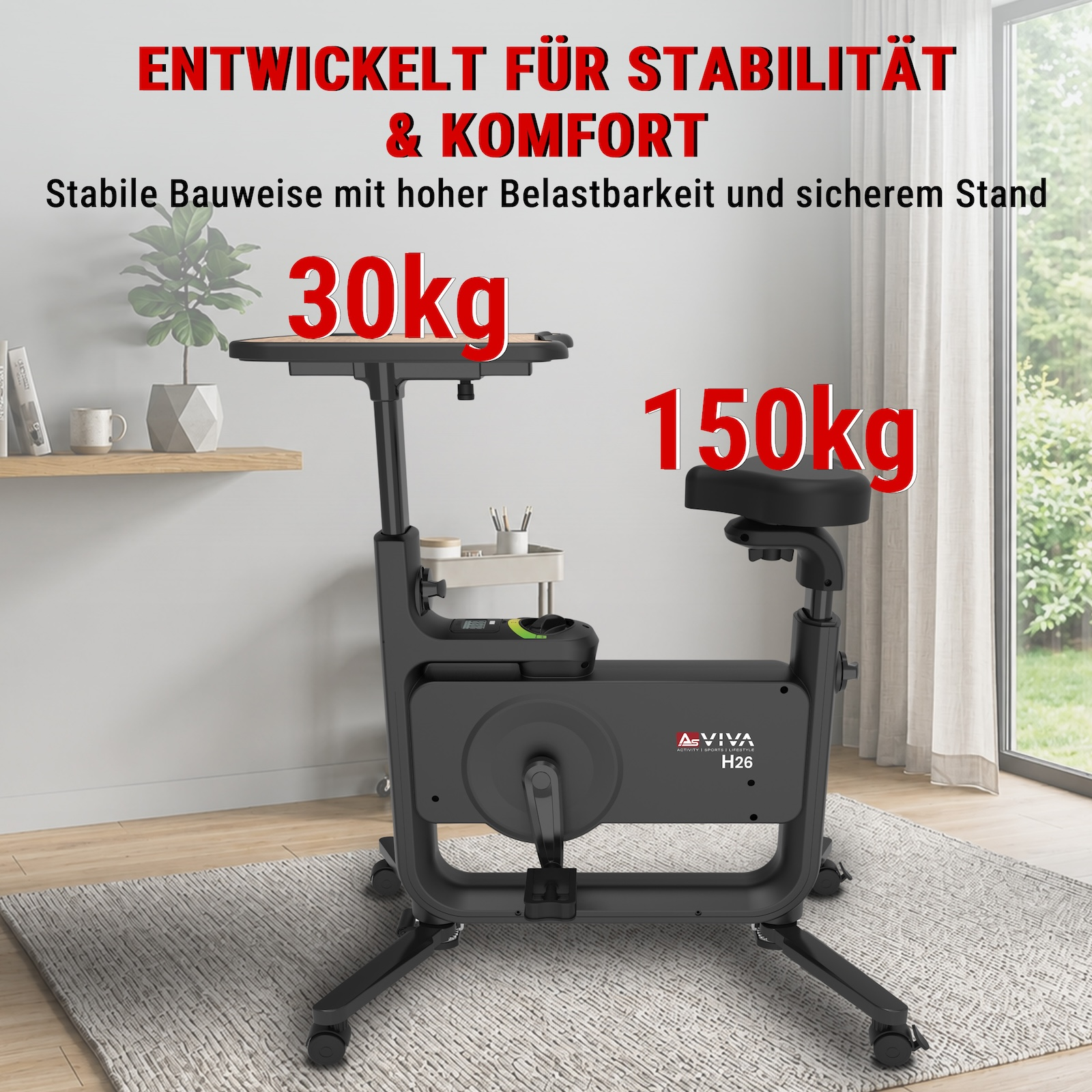 Schwarzes Heimtrainer mit Tisch, belastbar bis 150kg, Tisch bis 30kg.