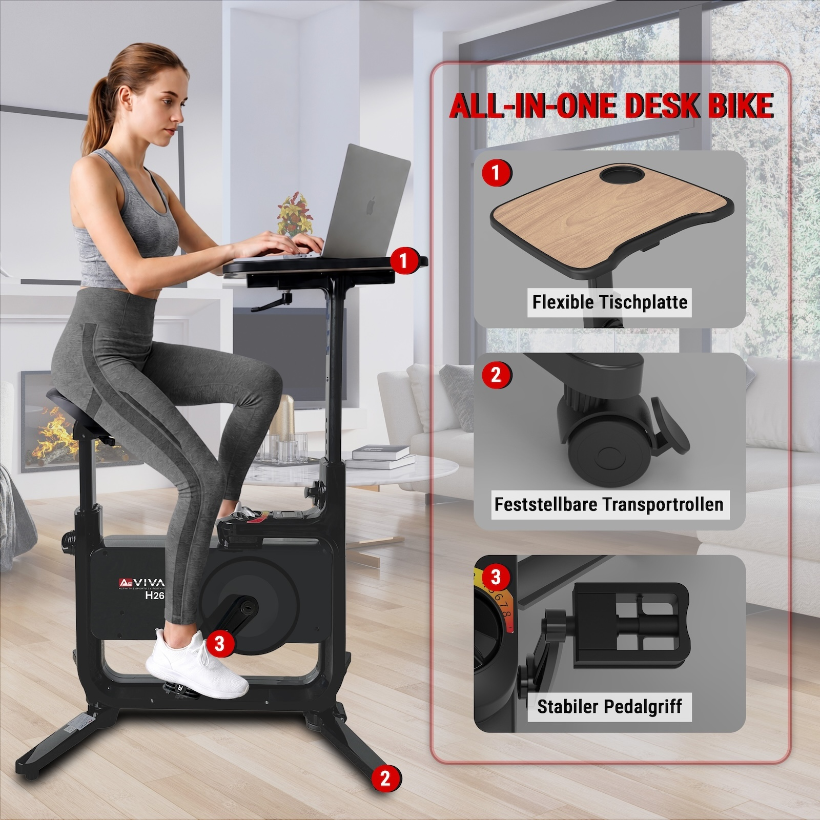 Eine Frau radelt auf einem Heimtrainer mit einem Laptop auf dem Schreibtisch.