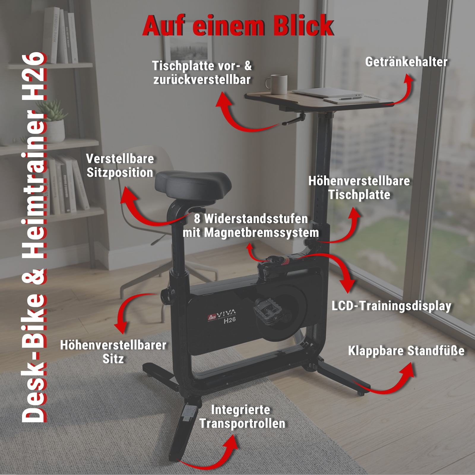 Ein schwarzer Heimtrainer mit Tischplatte, verstellbarem Sitz und LCD-Display.