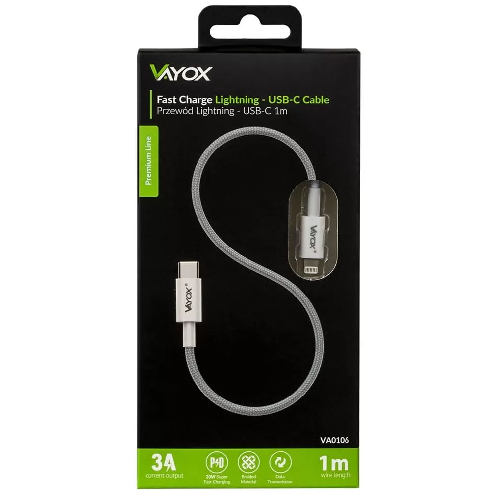 Vayox Schnellladekabel Lightning-USB-C, 1m, geflochten, 3A Ausgang, PD.