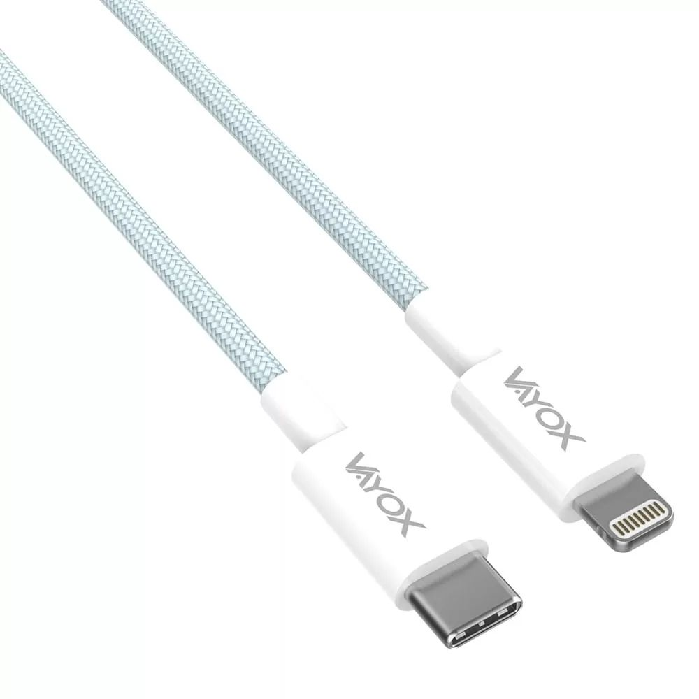 Ein weißes USB-C- und Lightning-Kabel mit geflochtenem Stoff.