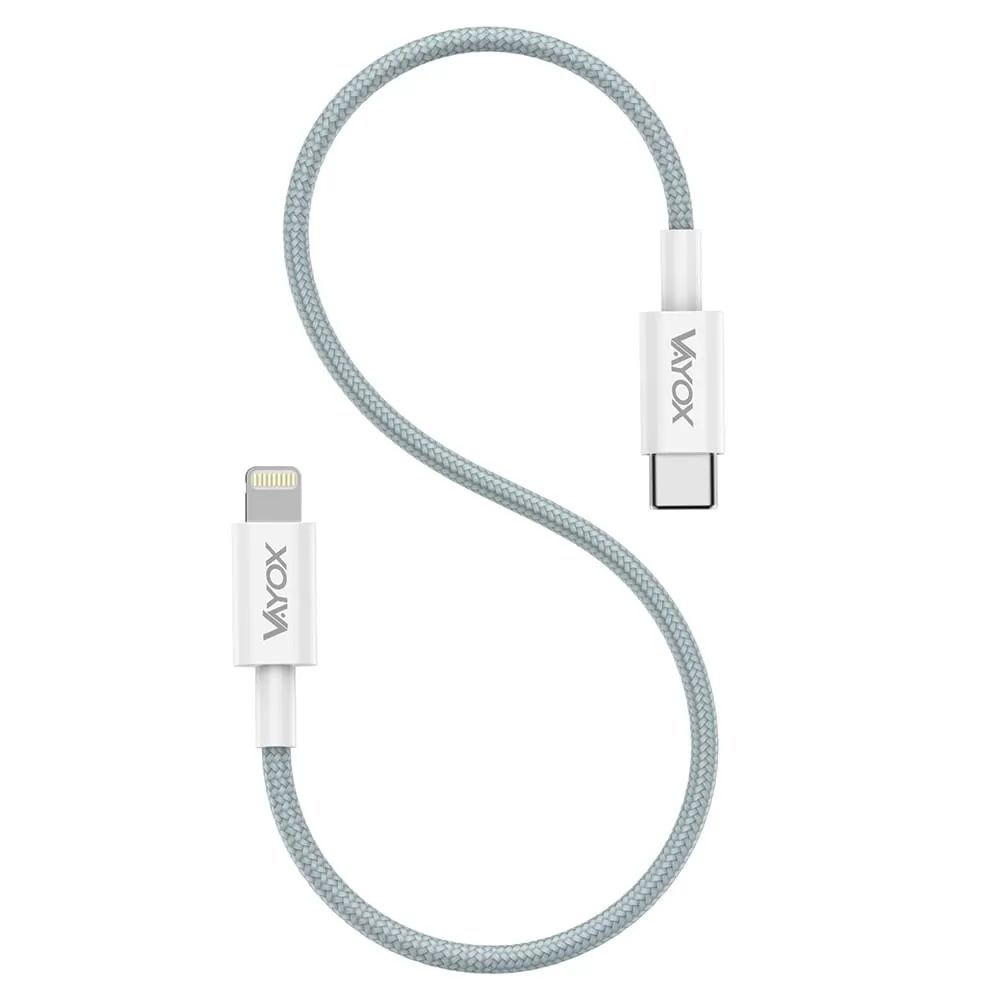 Ein graues Ladekabel mit weißen Anschlüssen, geformt wie ein S.