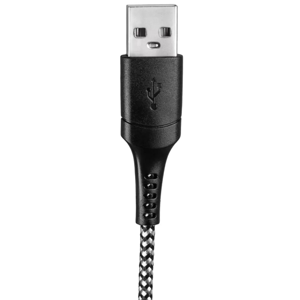 Ein schwarzer USB-A-Stecker mit USB-Symbol und geflochtenem Kabel.