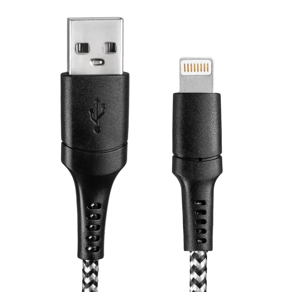 Ein schwarzes USB-A-zu-Lightning-Kabel mit geflochtenem Kabel. Das USB-A-Ende ist links, Lightning rechts.
