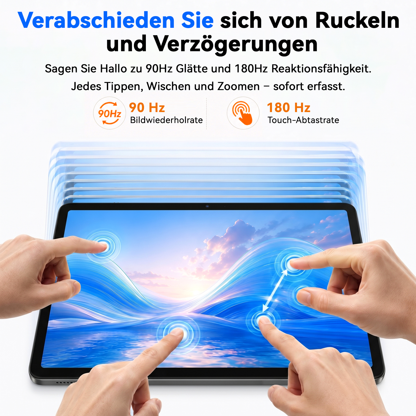 Mehrere Finger interagieren mit einem Tablet, das eine flüssige, wellenartige Grafik anzeigt.
