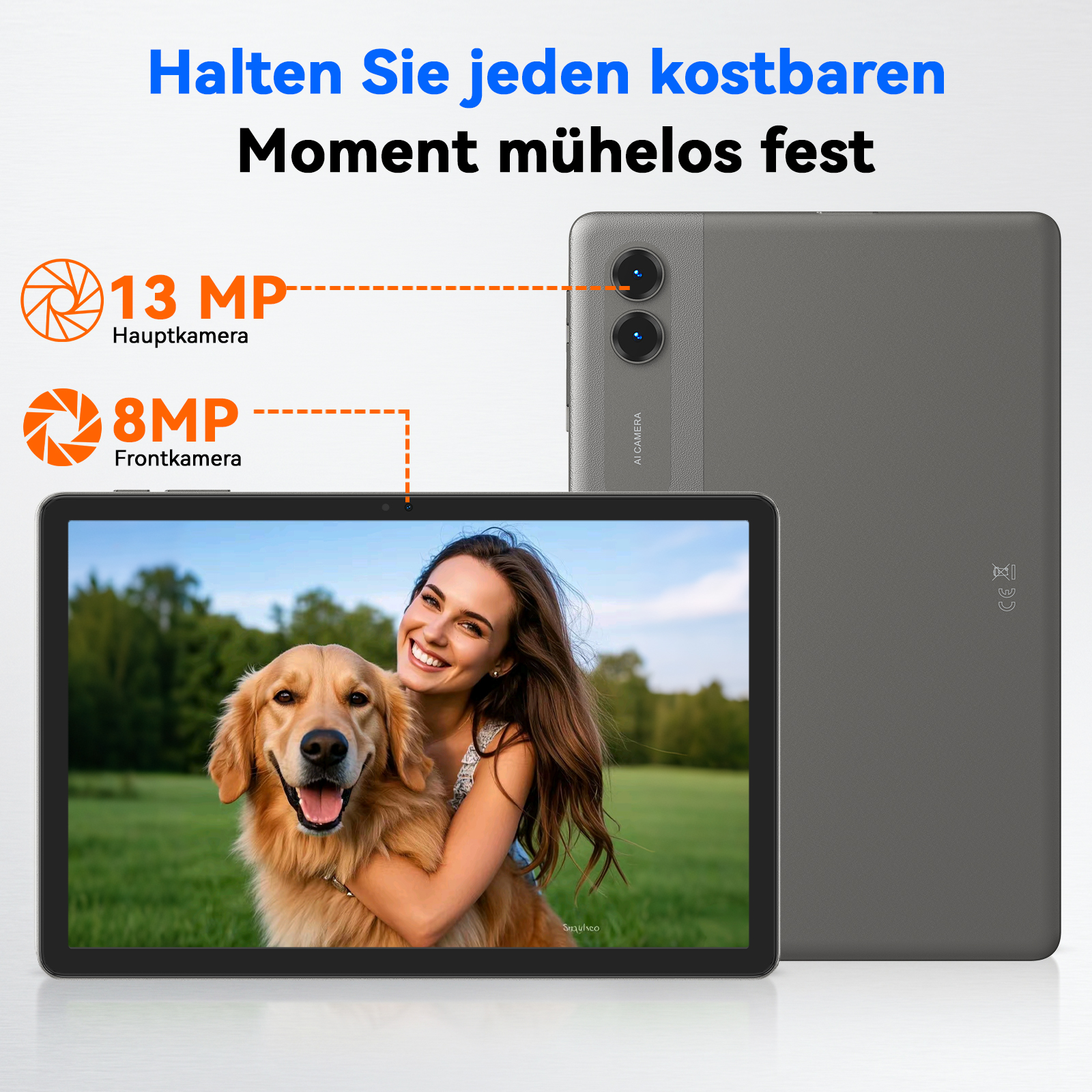 Ein Tablet zeigt ein lächelndes Mädchen mit einem Hund. Die Rückseite des Tablets ist abgebildet.
