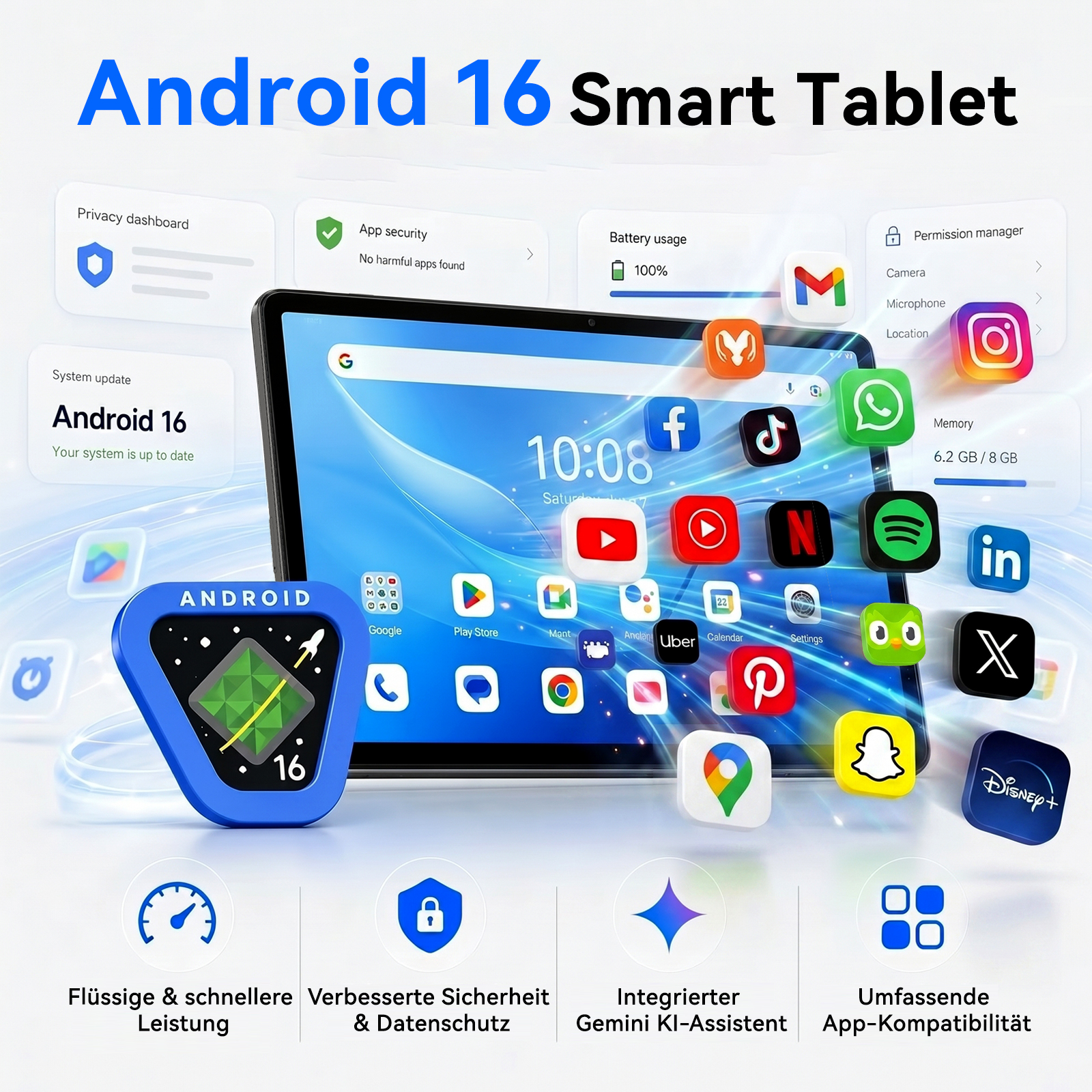 Android 16 Smart Tablet mit App-Symbolen, Systeminfos und Leistungsmerkmalen.