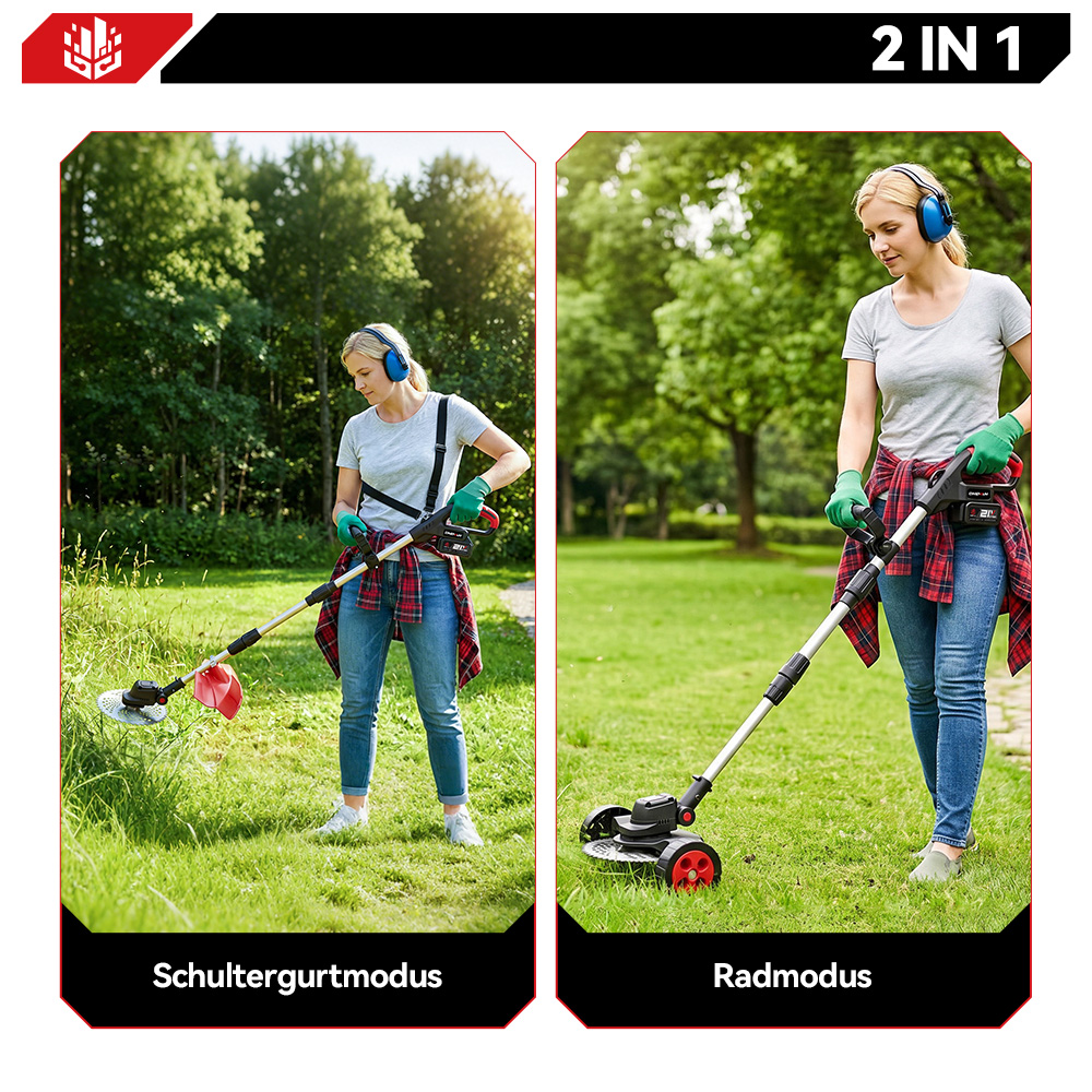 Frau mit Schutzhelm und Kopfhörern mäht Gras mit einem Rasentrimmer und einem Rasenmäher.