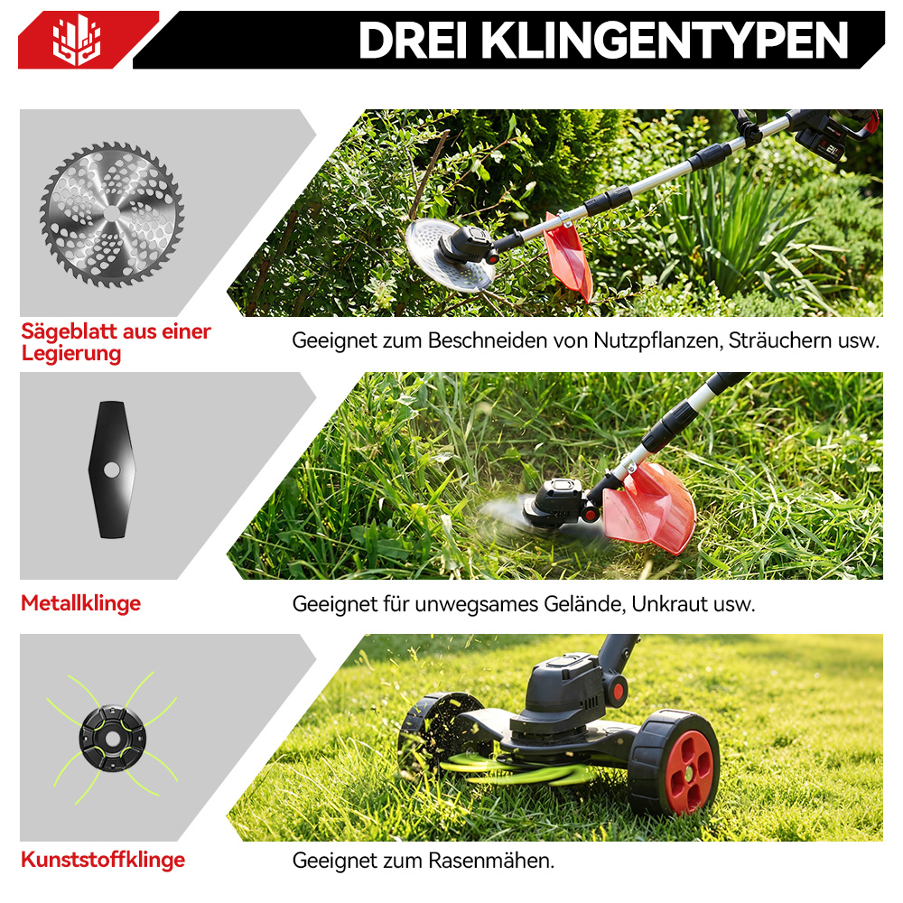 Drei Klingentypen: Sägeblatt, Metallklinge, Kunststoffklinge mit Anwendungsbeispielen.
