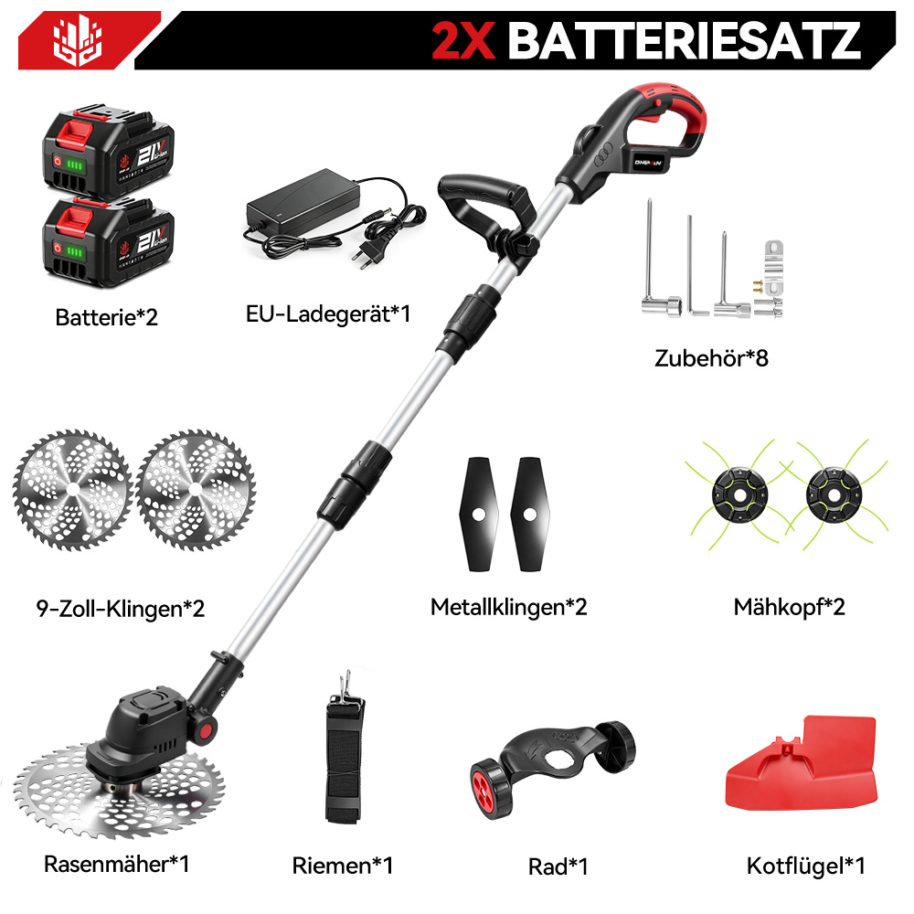 Ein Rasenmäher mit Zubehör: Batterien, Ladegerät, Klingen, Köpfe, Rad, Kotflügel.