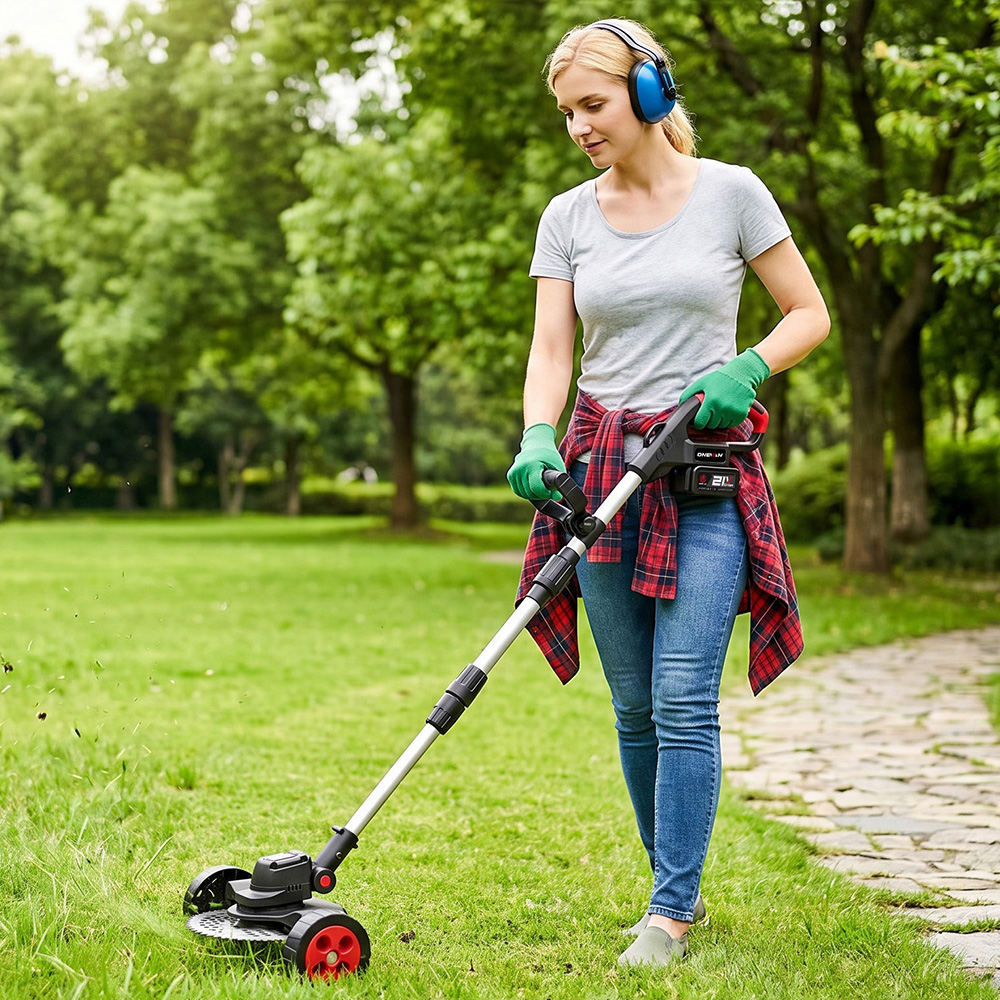 Frau mit Kopfhörern mäht Rasen mit Elektroschneider im Park.