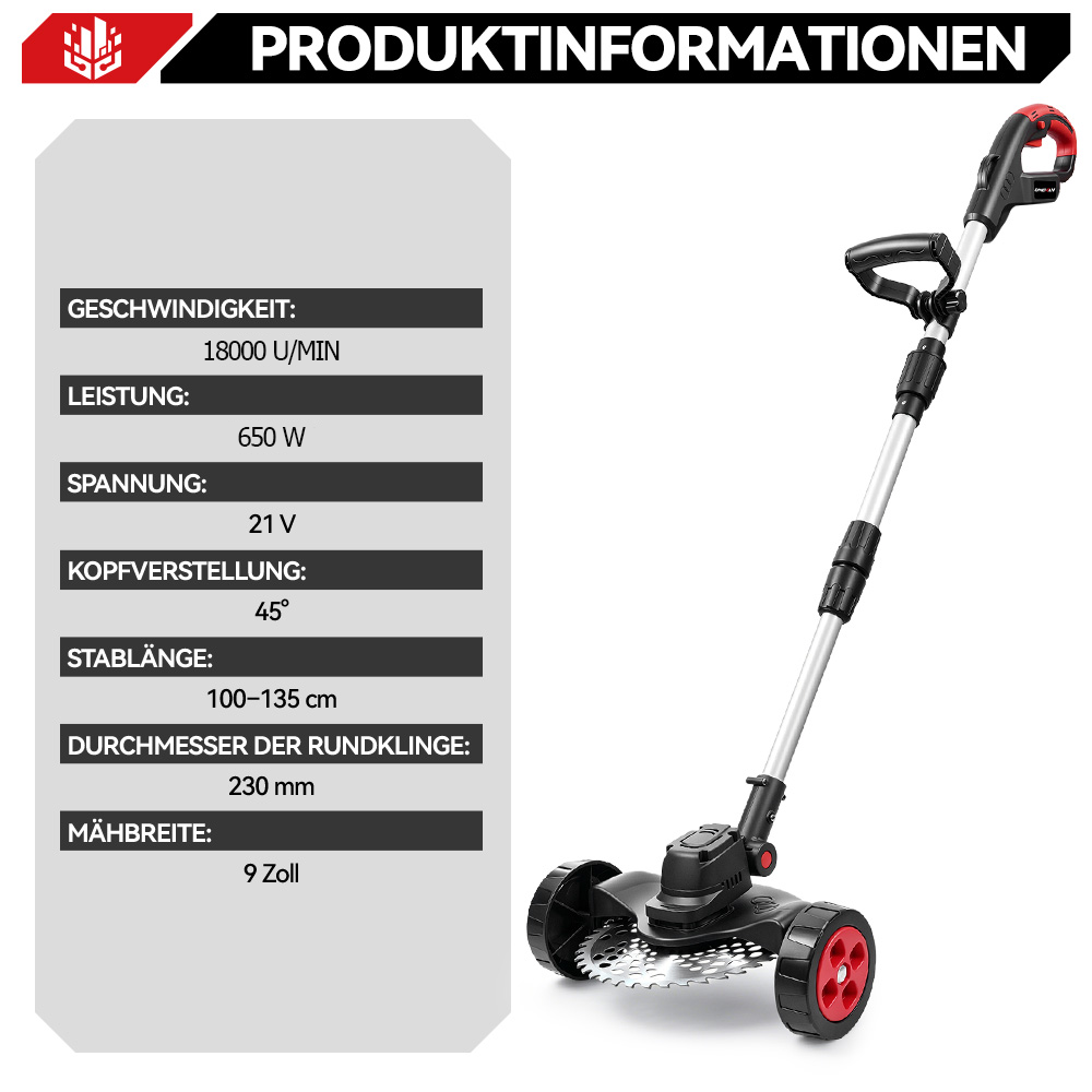 Elektrischer Rasenmäher mit technischen Daten und Bildern.