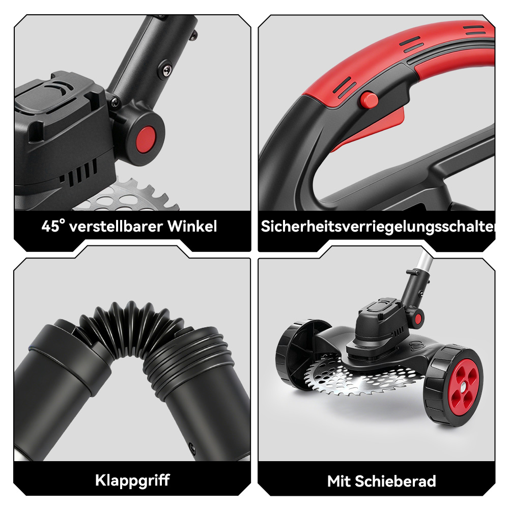 Collage eines Rasentrimmers: verstellbarer Winkel, Sicherheitsschalter, Klappgriff und Räder.