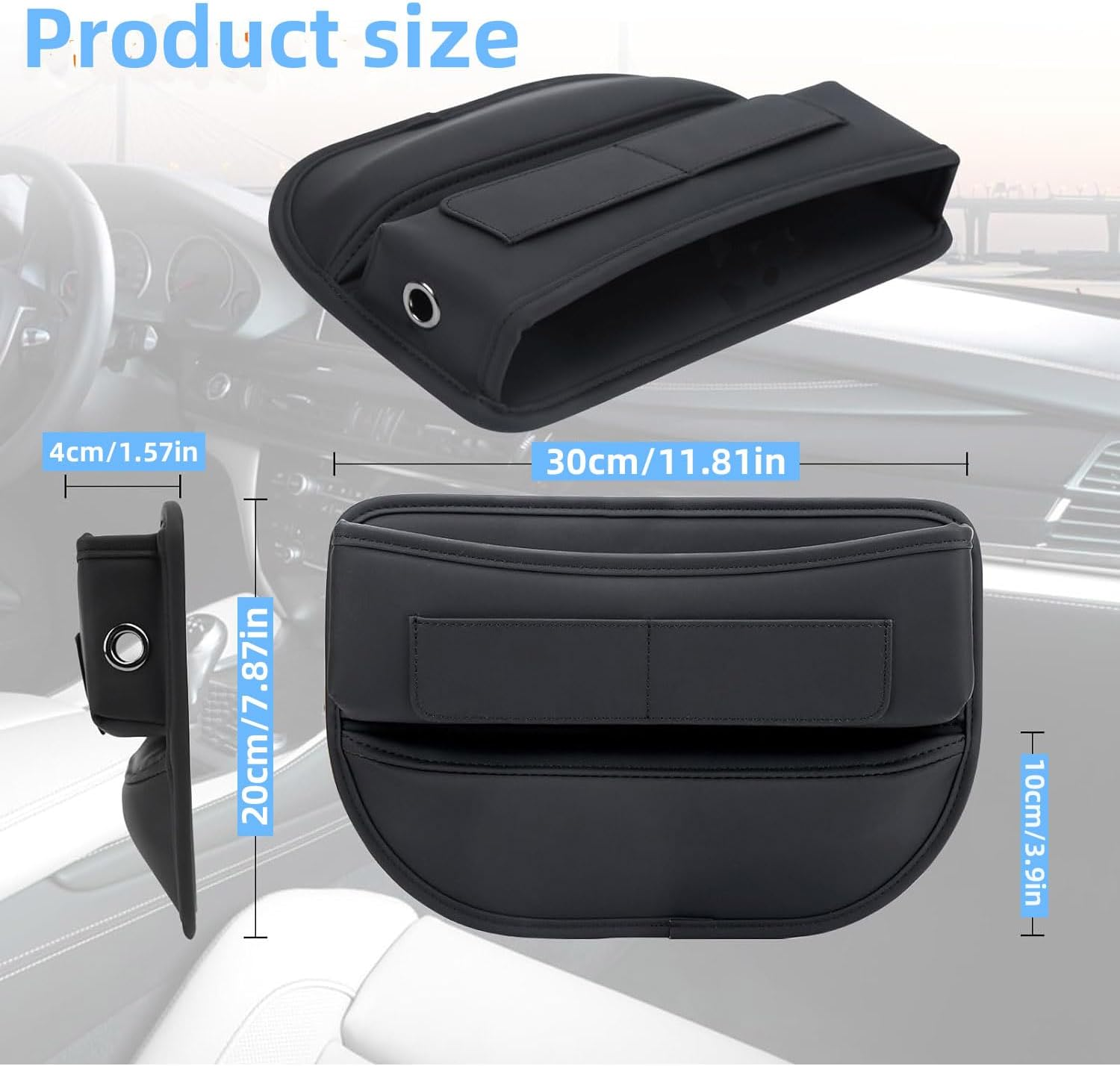 Schwarzer Auto-Organizer mit Maßen: 30x20x4cm, 10cm Höhe.