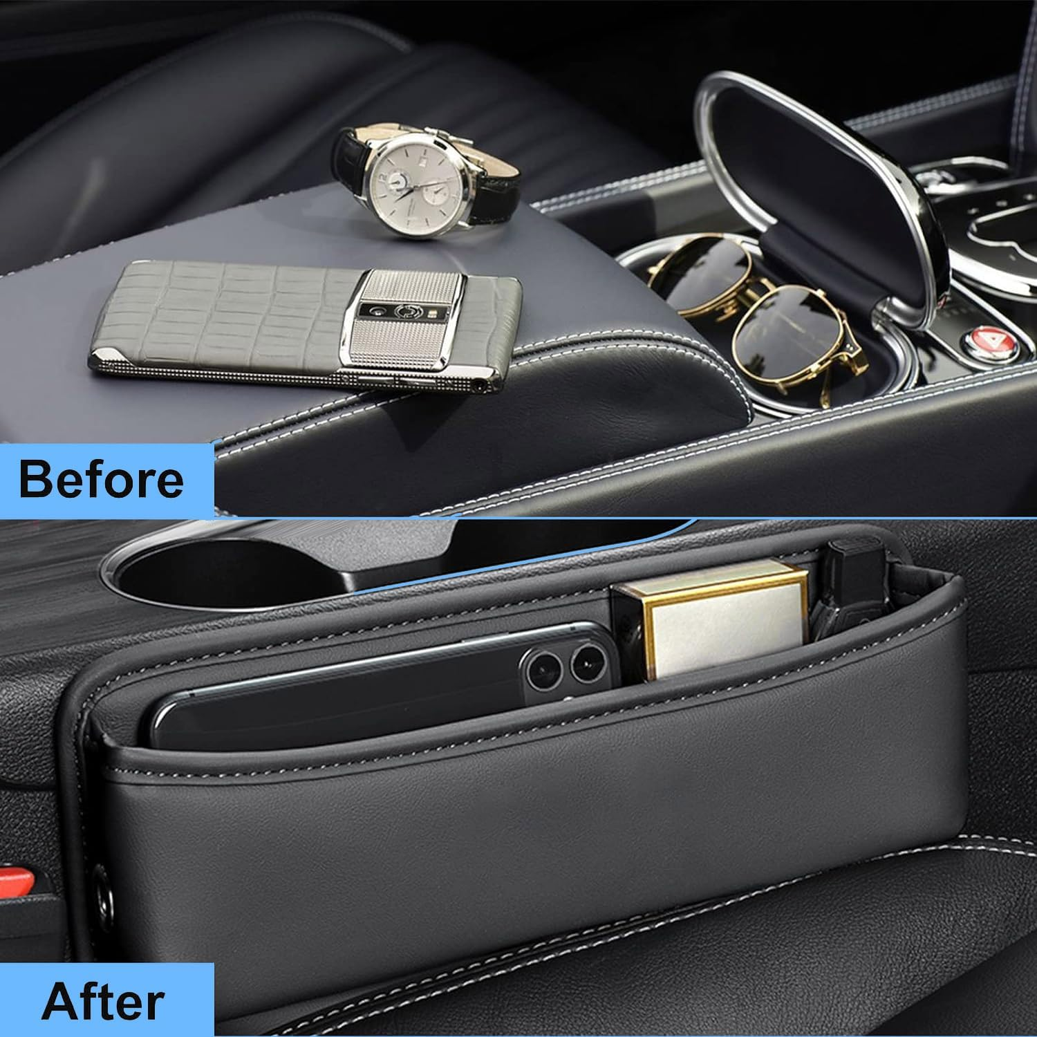 Vorher: Uhr und Handy auf Autokonsole. Nachher: Organizer mit Handy, Packung, Gegenständen.