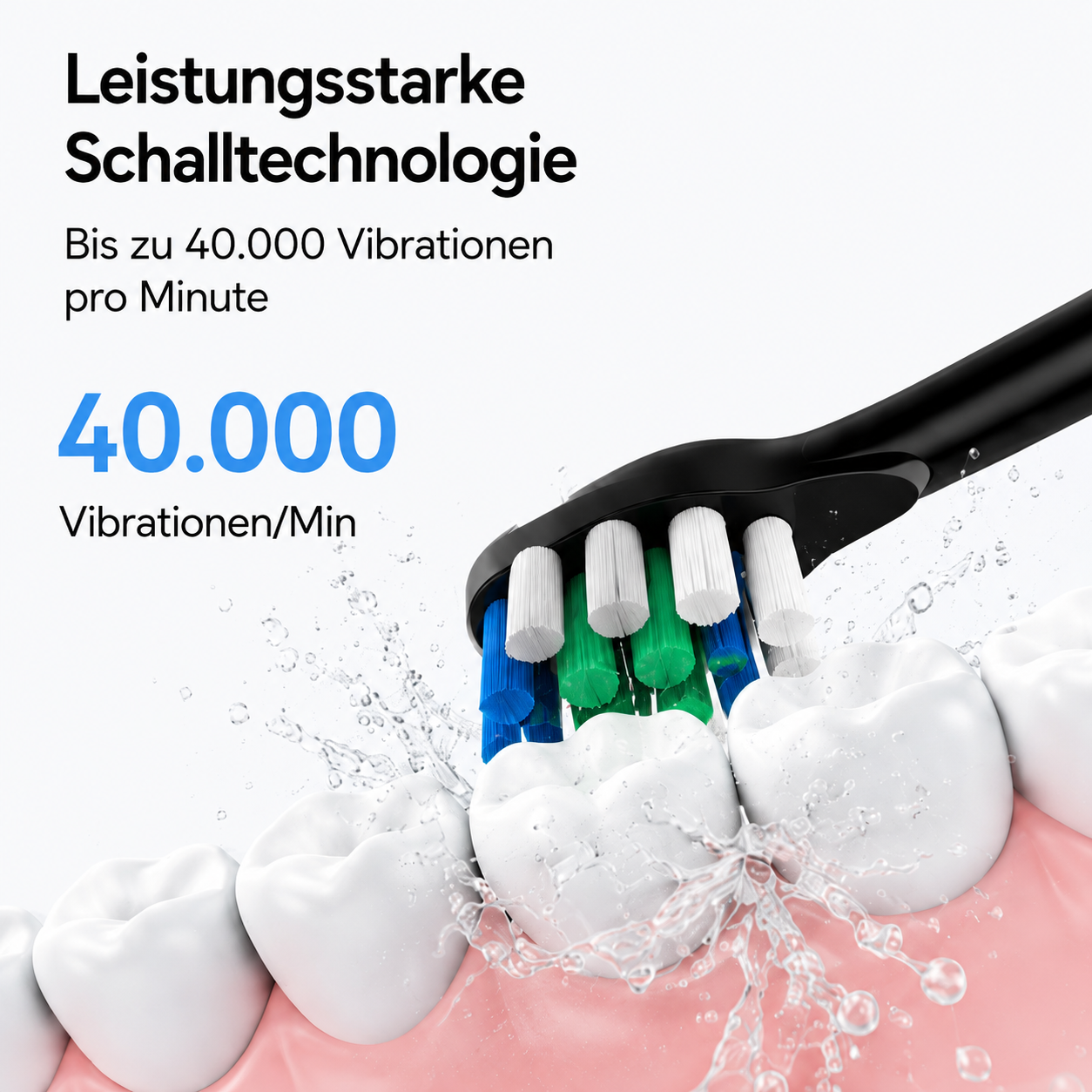 Elektrische Zahnbürste mit blauen, grünen und weißen Borsten, die Zähne putzt.