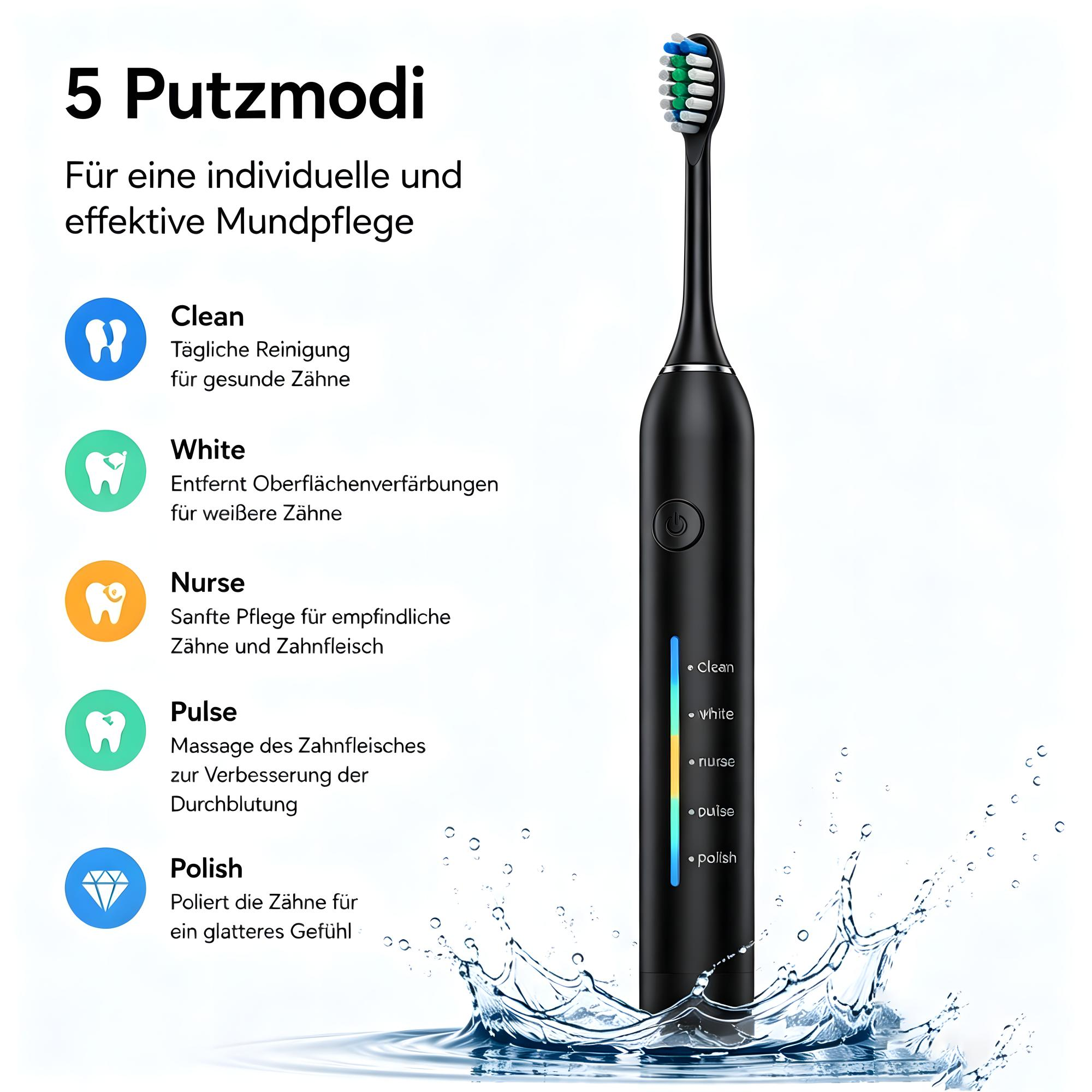 Schwarze elektrische Zahnbürste mit 5 Putzmodi und Wasser Spritzern.