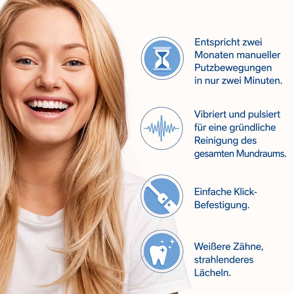 Lachende Frau neben Icons: Sanduhr, Schallwelle, Bürste, Zahn.