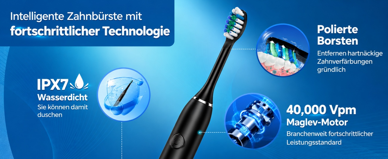 Eine schwarze Schallzahnbürste mit blauen und grünen Borsten auf dem Kopf.