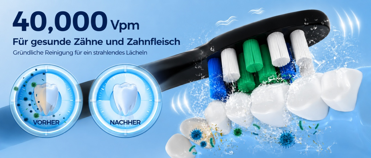 Elektrischer Zahnbürstenkopf mit blauen, weißen und grünen Borsten reinigt Zähne, zeigt Vorher/Nachher.