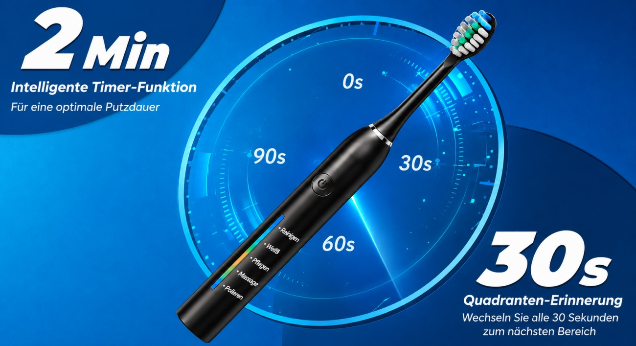 Schwarze elektrische Zahnbürste mit Timer-Anzeige und verschiedenen Modi.