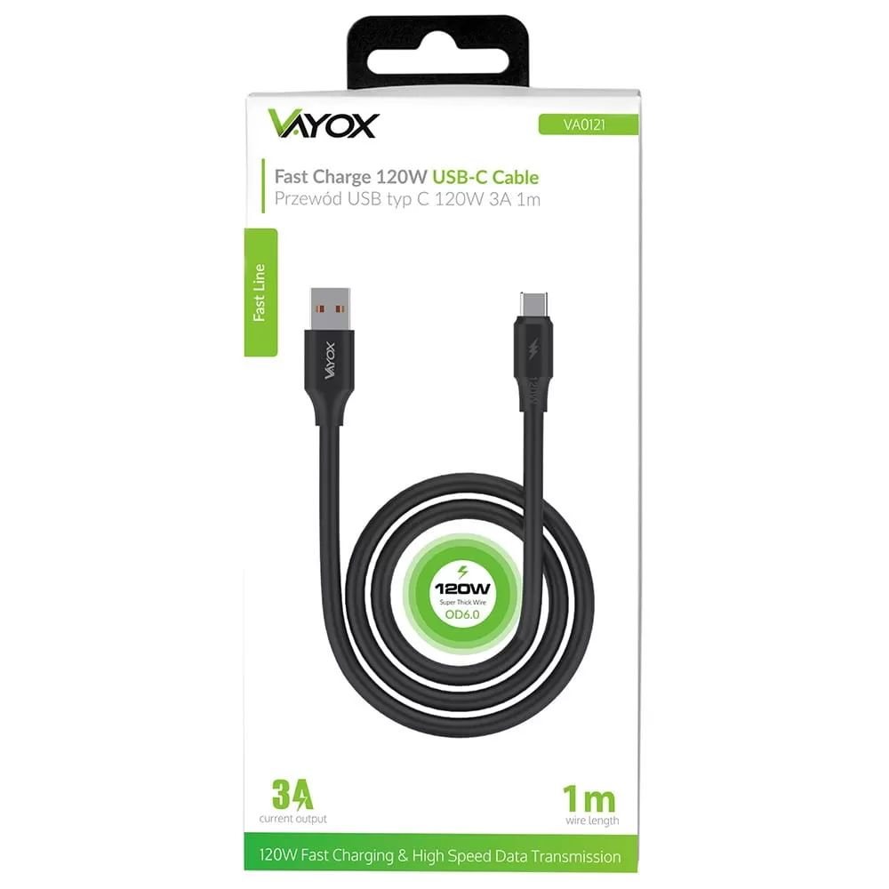 Czarny kabel USB-C 120W, 3A, 1m na opakowaniu.
