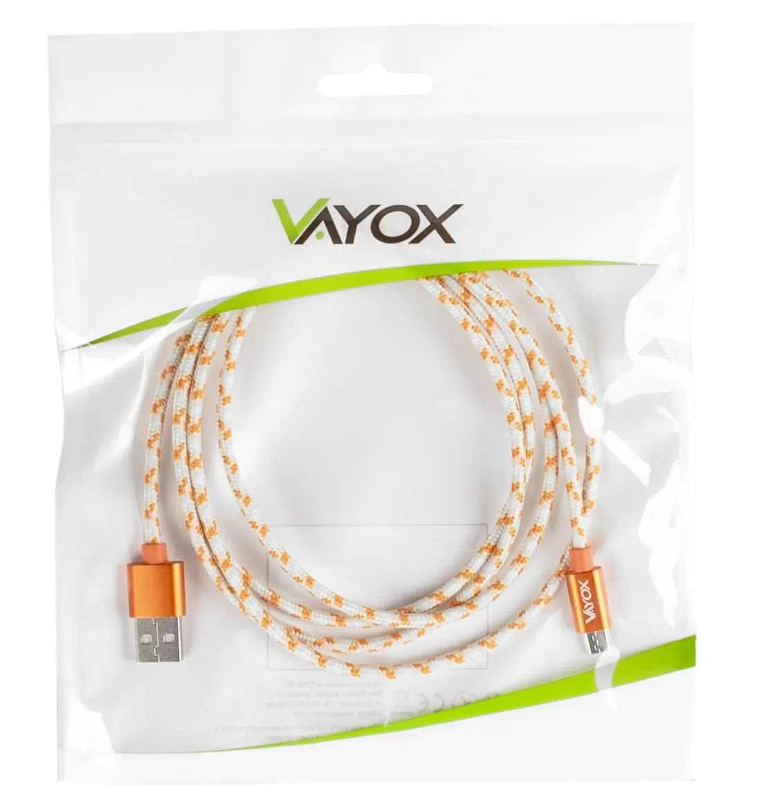 Weiß-orange geflochtenes USB-Kabel in klarer Verpackung mit Vayox-Logo.
