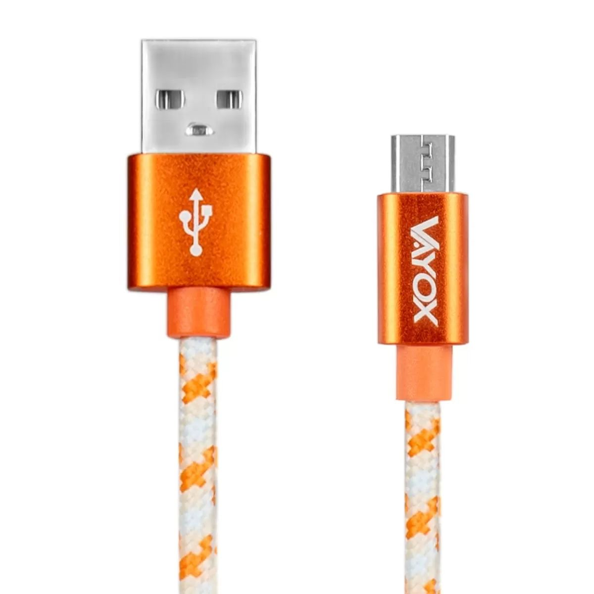 Ein orangefarbenes USB-zu-Micro-USB-Kabel mit weiß-orangem Geflechtmuster.