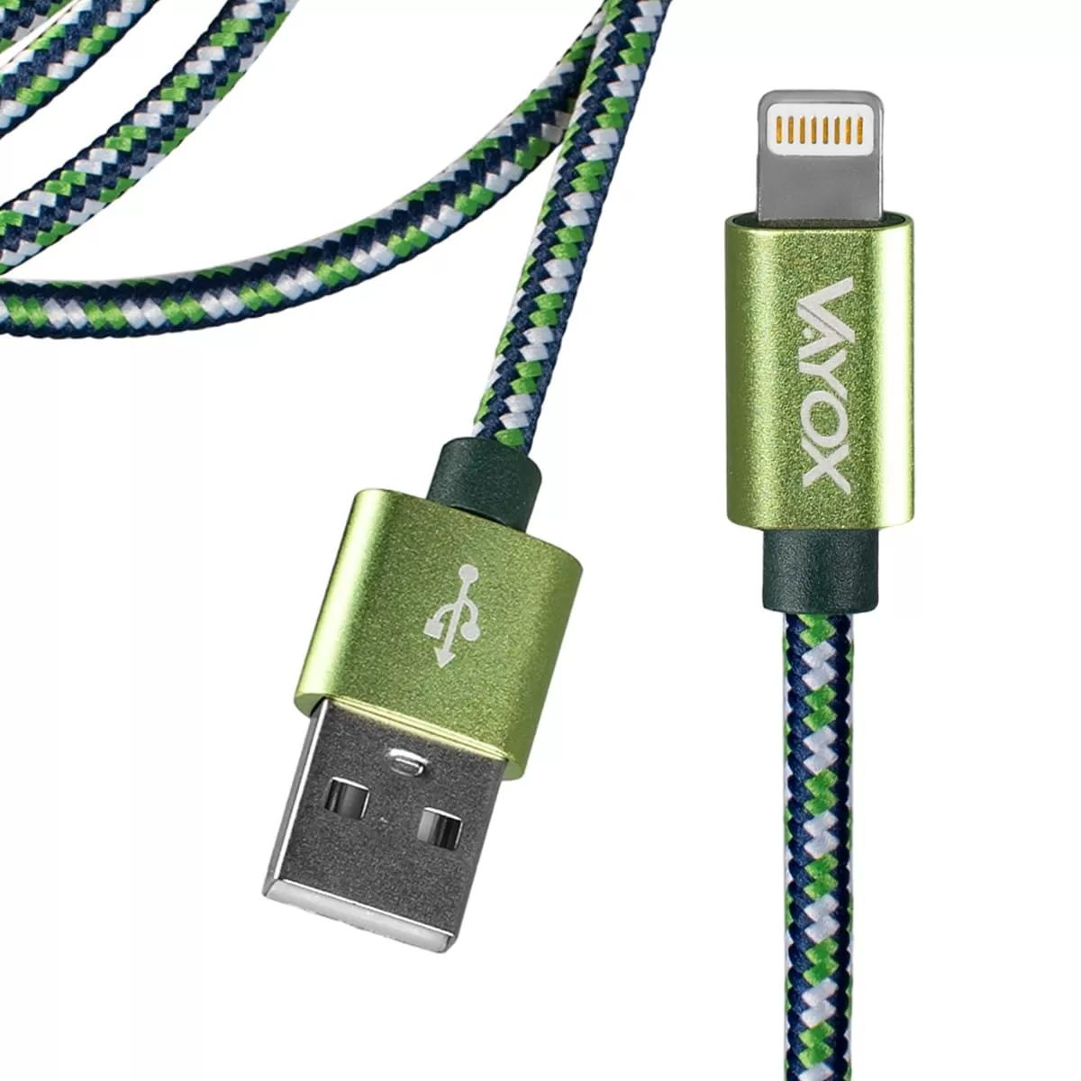 Ein grünes USB-zu-Lightning-Kabel mit blau-weißen und grünen Akzenten.