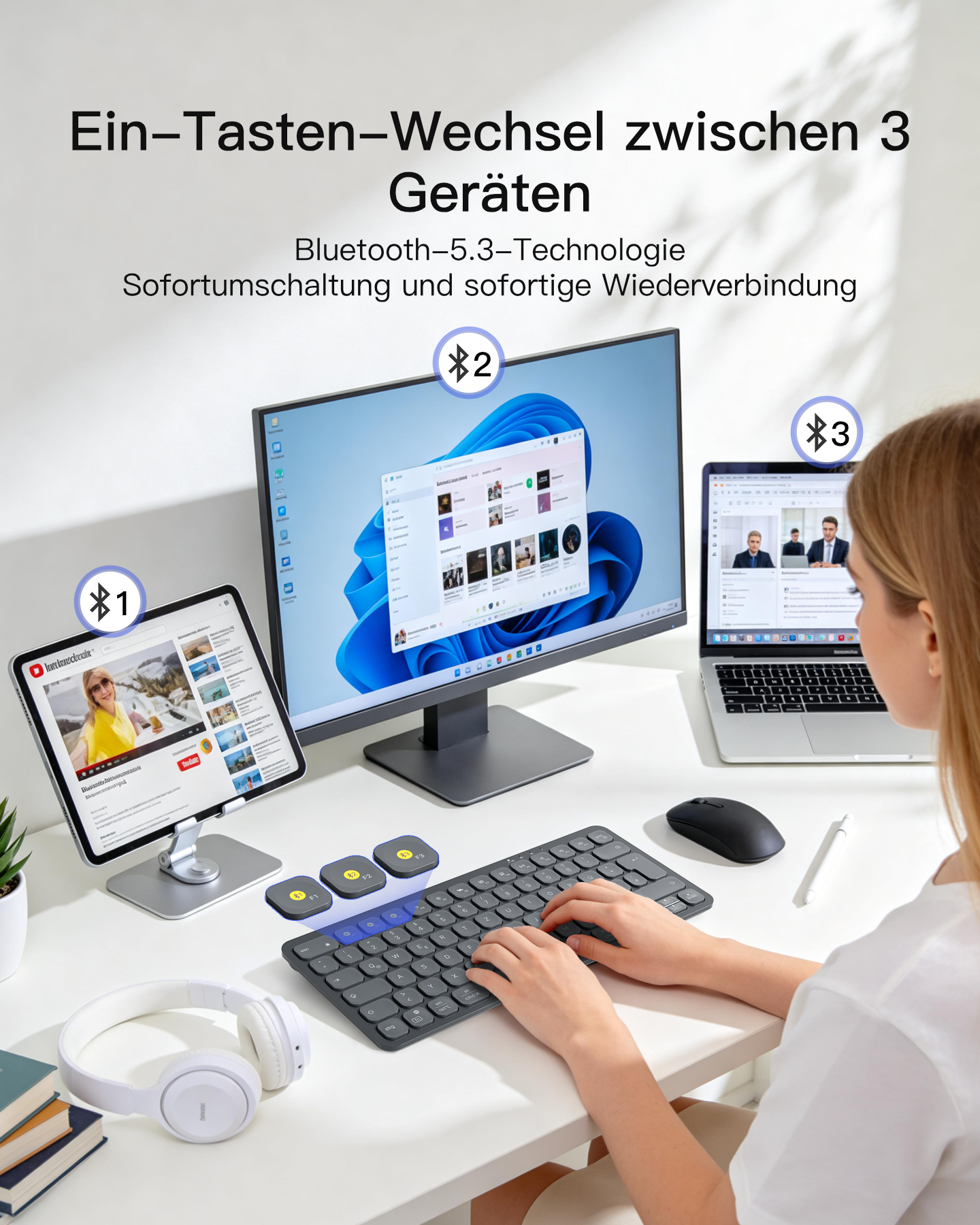Ein Schreibtisch mit drei Geräten: Tablet, Monitor und Laptop. Eine Tastatur und Maus sind zu sehen.