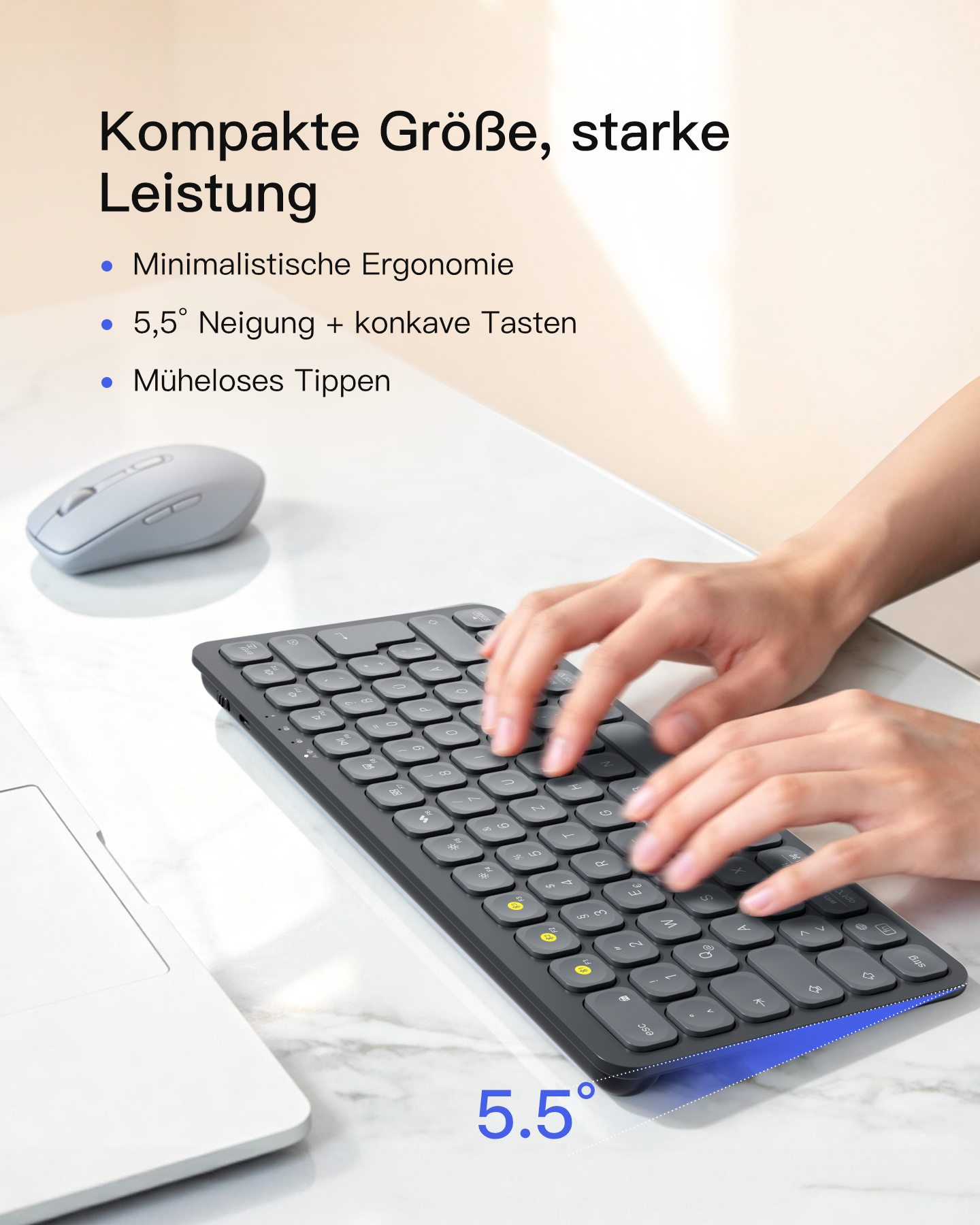 Hände tippen auf einer grauen Tastatur, daneben eine Maus und Laptop. 5,5° Neigung.